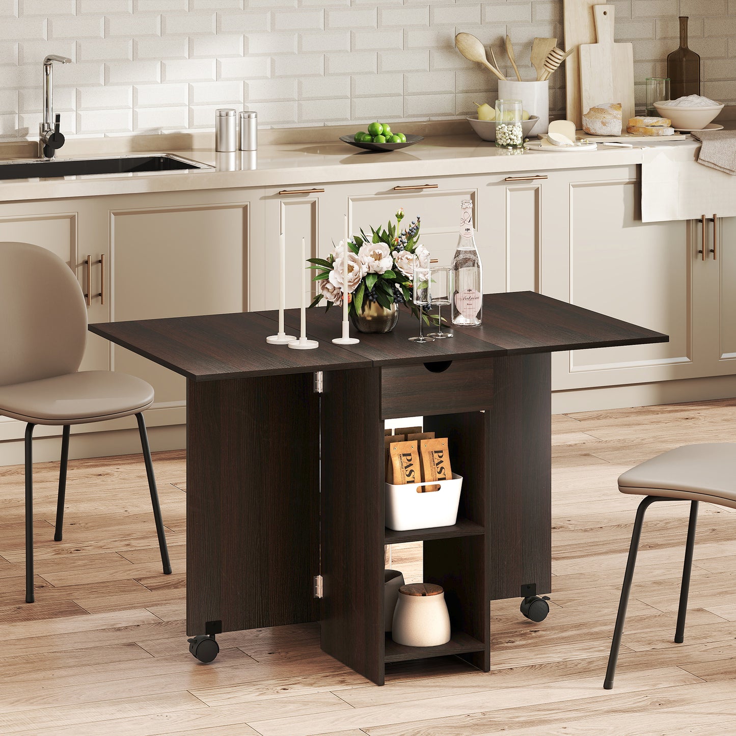 HOMCOM Folding Dining Table, Space Saving Drop Leaf Table with Drawer and Storage Shelves for Kitchen, Dining Room, Oak