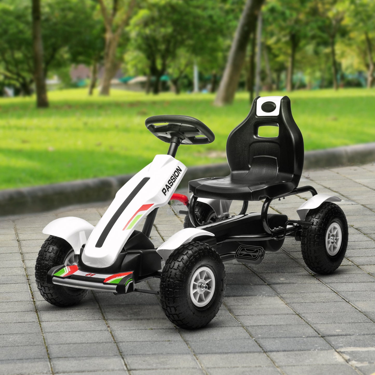 Aosom Pedal Go Kart for Kids, Pedal Car with Adjustable Bucket, Handbrake, 4 Rubber Wheels Powered Ride, White