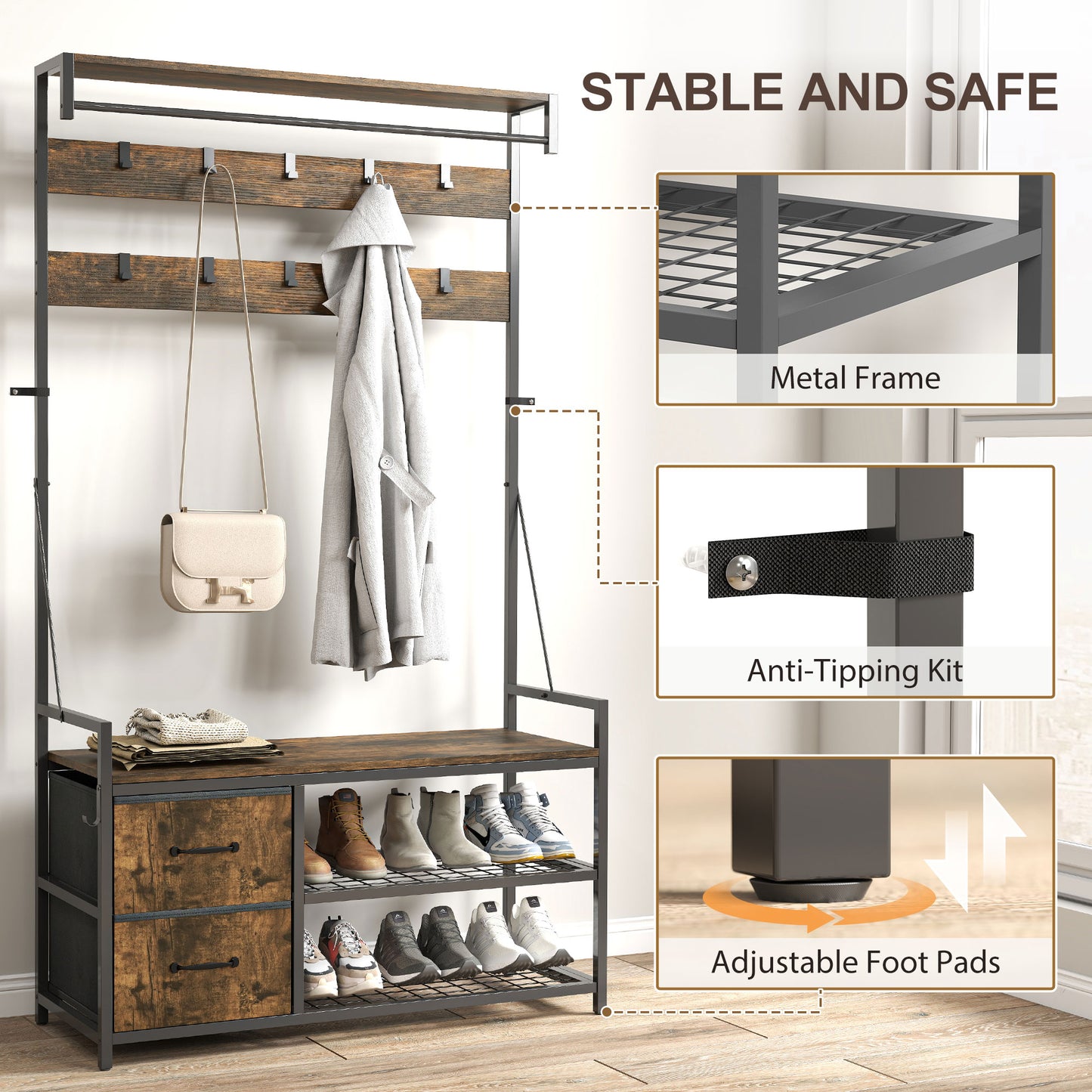 HOMCOM 6-In-1 Hall Tree with Bench and Shoe Storage, Coat Rack Shoe Bench with 10 Hooks, 2 Fabric Drawers, Rustic Brown