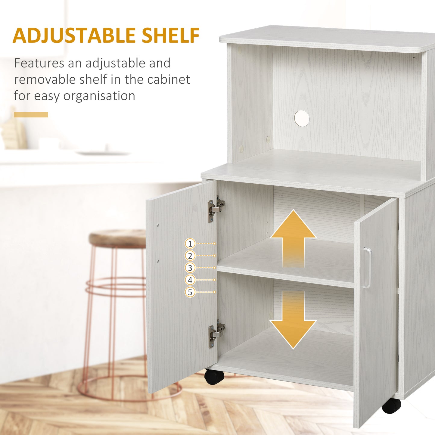 HOMCOM Microwave Cart on Wheels Utility Trolley Storage Sideboard Bookcase with 2-door Cabinet, White Oak