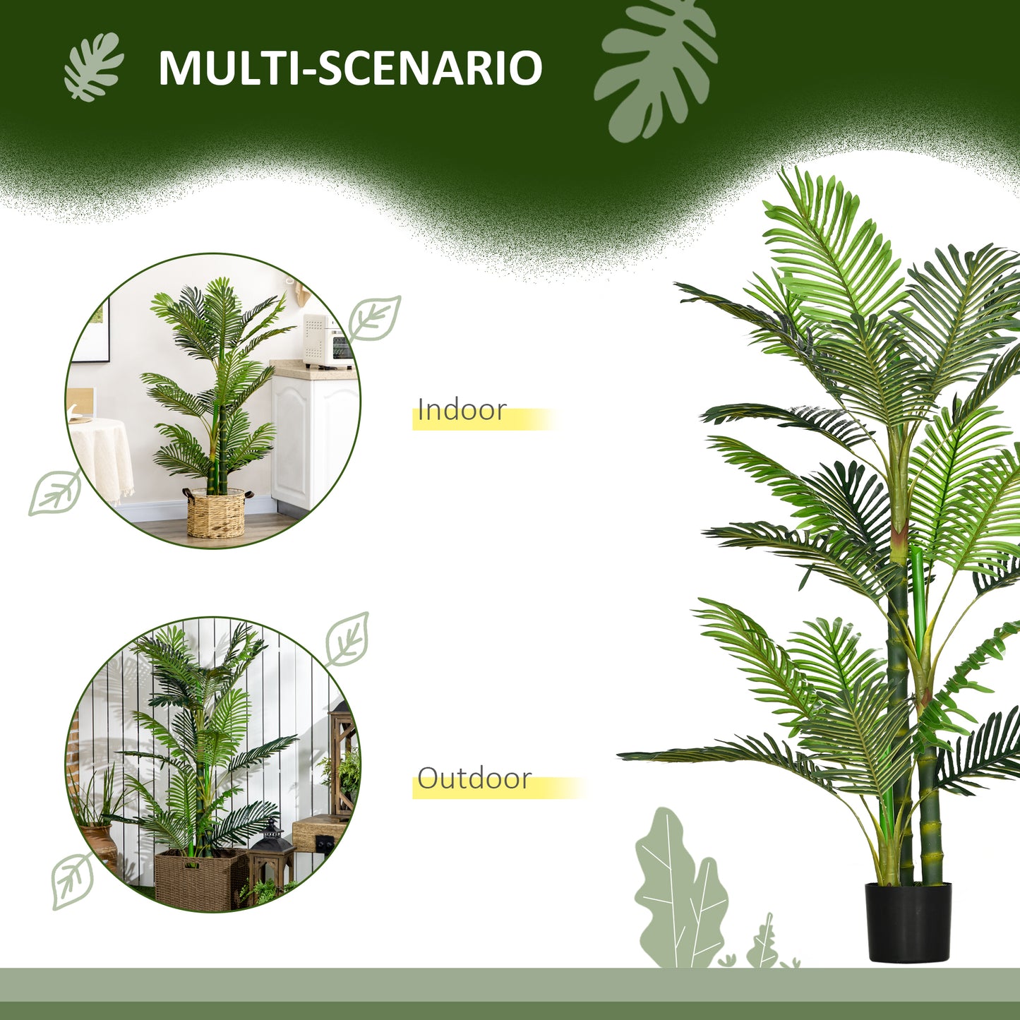 HOMCOM Artificial Tree Areca Palm Tree Fake Plants in Pot with 21 Leaves for Indoor Decor, 8"x8"x60", Green