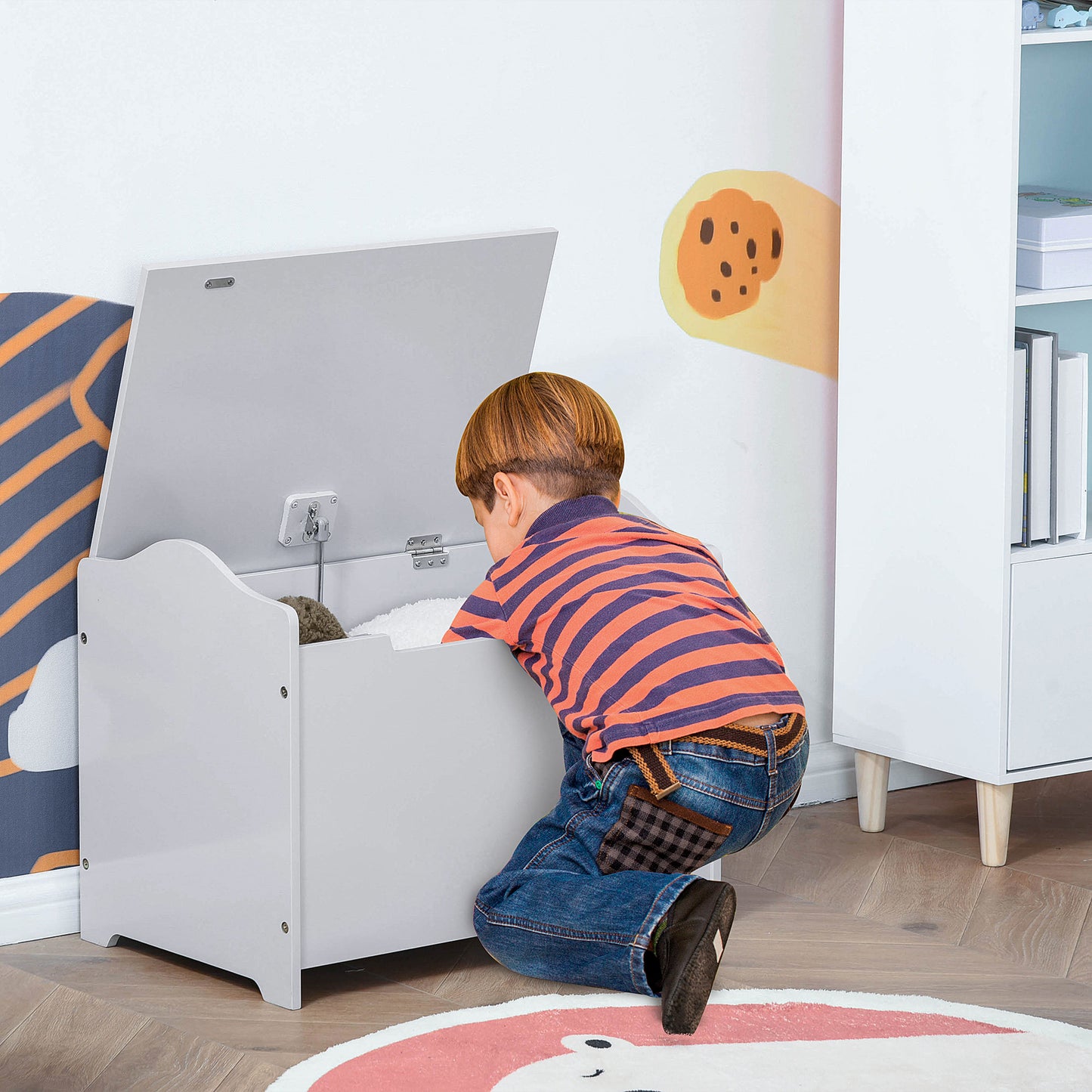 Qaba Kids Wooden Toy Storage Box Organizer Chest with Magnetic Hinge, Large Chest Space, & Groove Handle, Grey