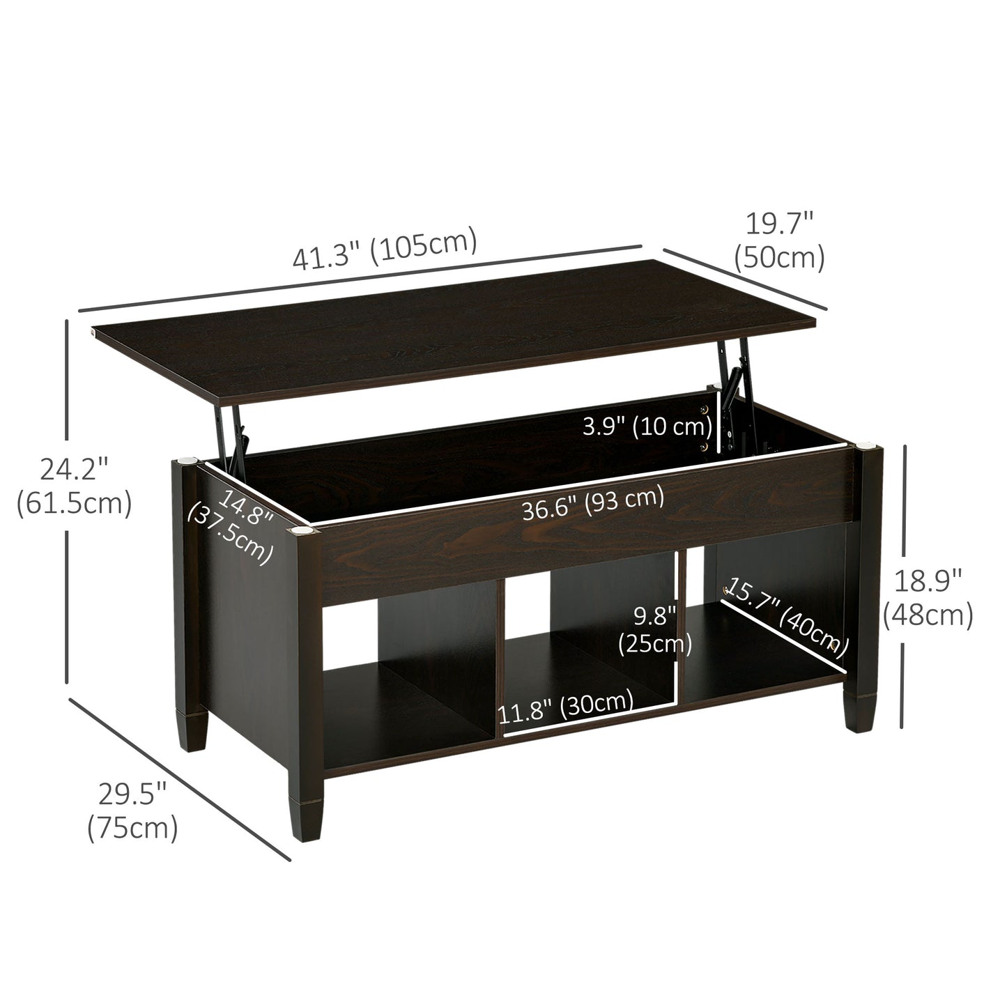 HOMCOM Lift Top Coffee Table with Hidden Storage Compartment and 3 Lower Shelves, Pop-Up Center Table for Living Room, Espresso