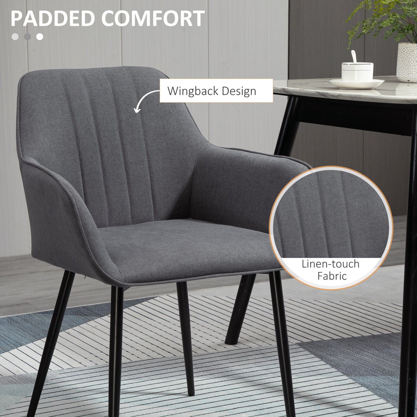 HOMCOM Dining Chairs Set of 2, Linen Upholstery Accent Chair with Back, Armrest, Metal Legs, Dark Grey