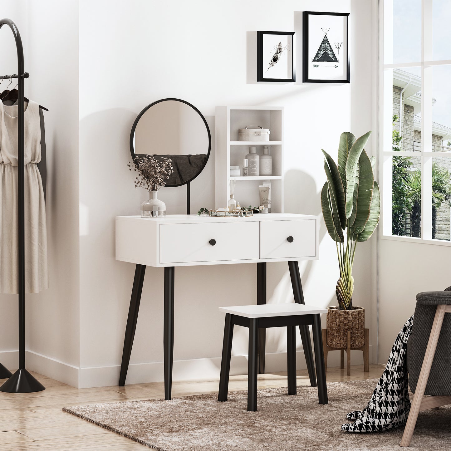 HOMCOM Vanity Desk with Stool, Makeup Vanity with Mirror, Wood Dressing Table with Storage Drawers and Shelf for Bedroom, White and Black
