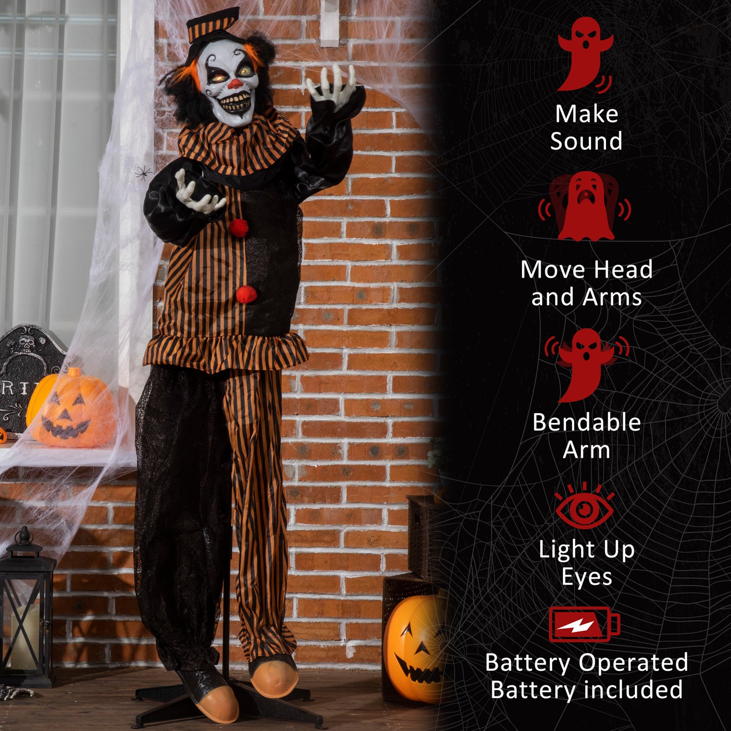 Outsunny 5.6' Life Size Clown Outdoor Halloween Decoration Animatronic, Animated Prop w/ Light Up Eyes
