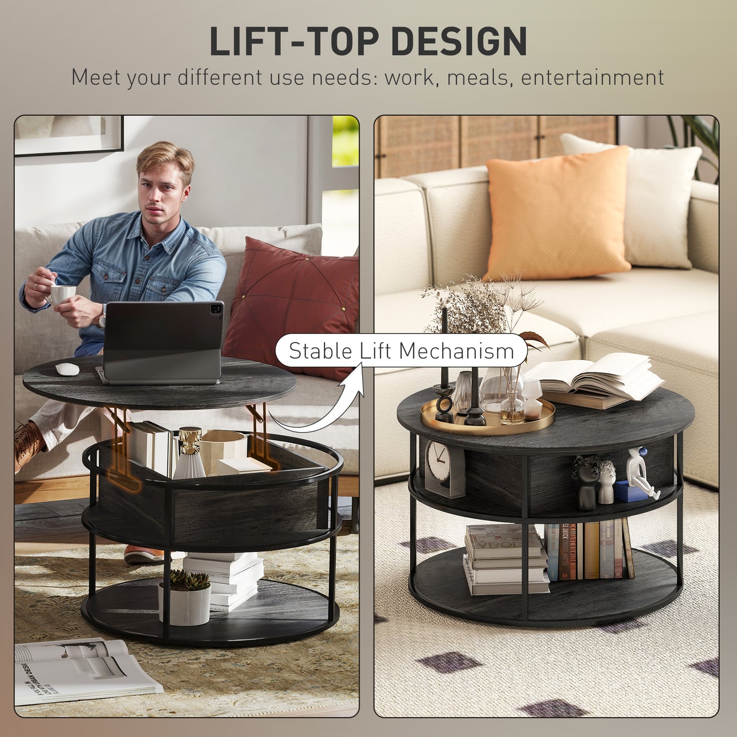 HOMCOM Lift Top Coffee Table, Round Coffee Table with Storage Shelf, Hidden Compartment and Steel Frame, Distressed Dark Grey