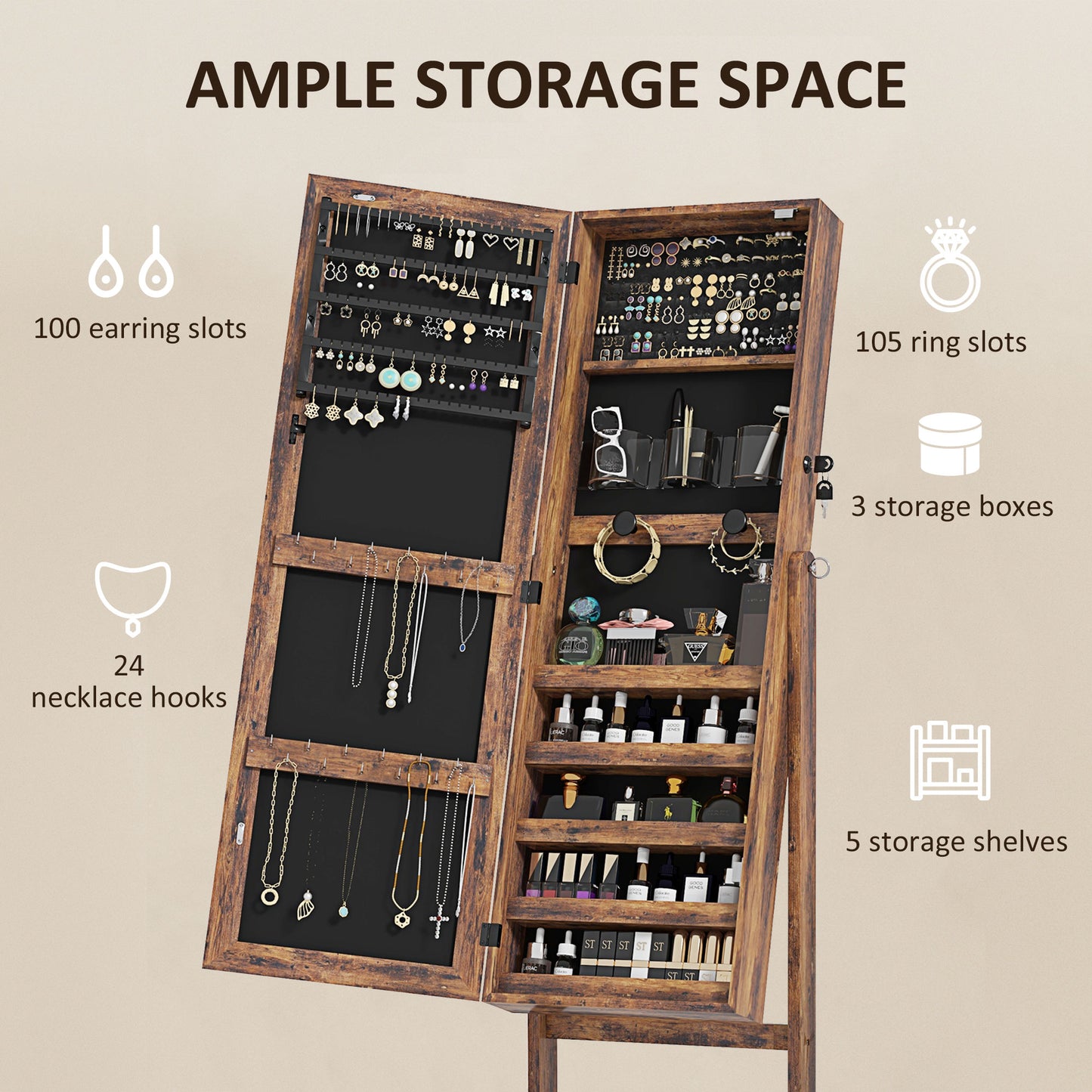 HOMCOM Lockable Jewelry Armoire with LED Light, Standing Mirror with Storage for Bedroom Dressing Room, Rustic Brown