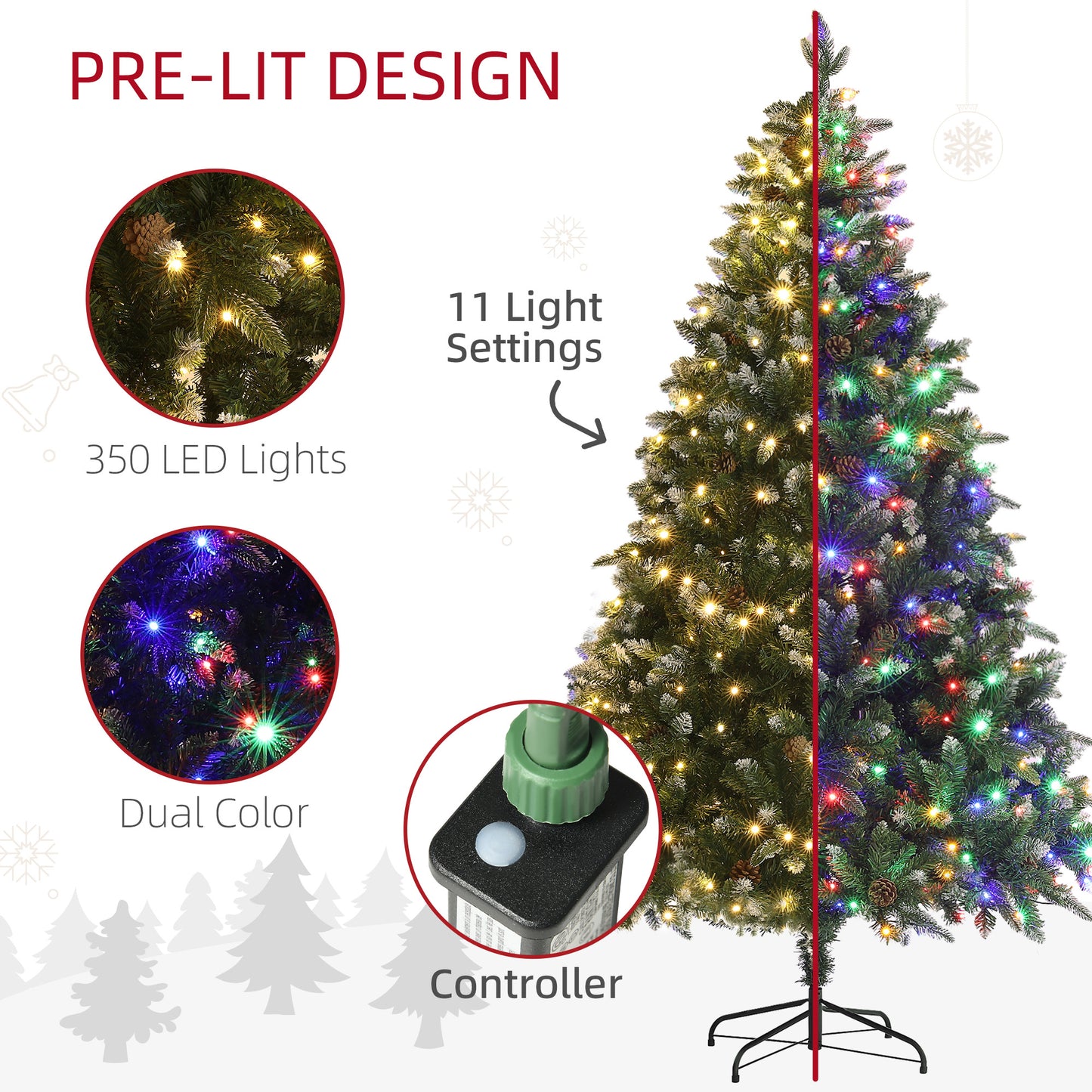 HOMCOM 6 Foot Prelit Artificial Christmas Tree with Dual Colour LED Light, Hinged Xmas Tree for Home Office Holiday