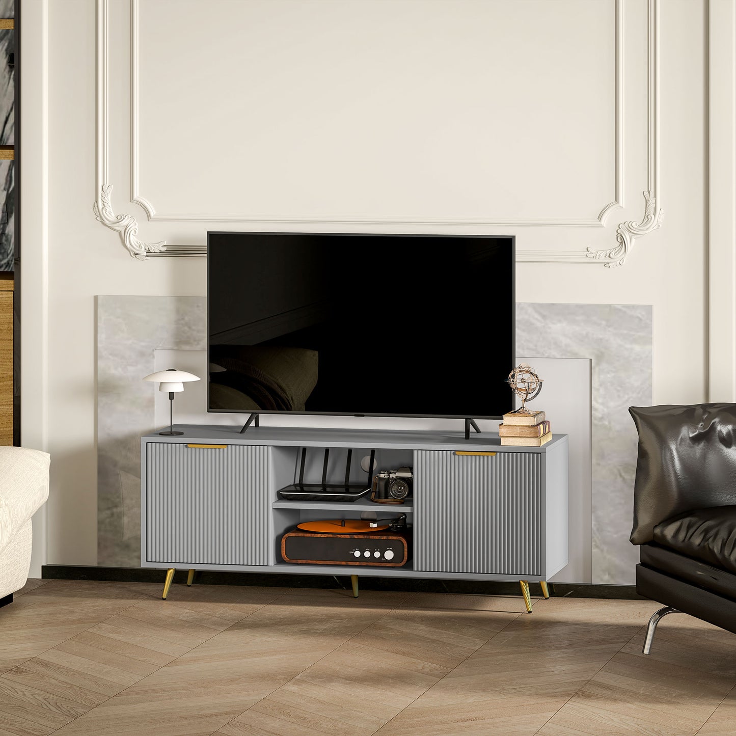 HOMCOM TV Stand with Storage for 55 Inch TV, Modern TV Cabinet with 2 Open Shelves and 2 Cabinets for Living Room, White