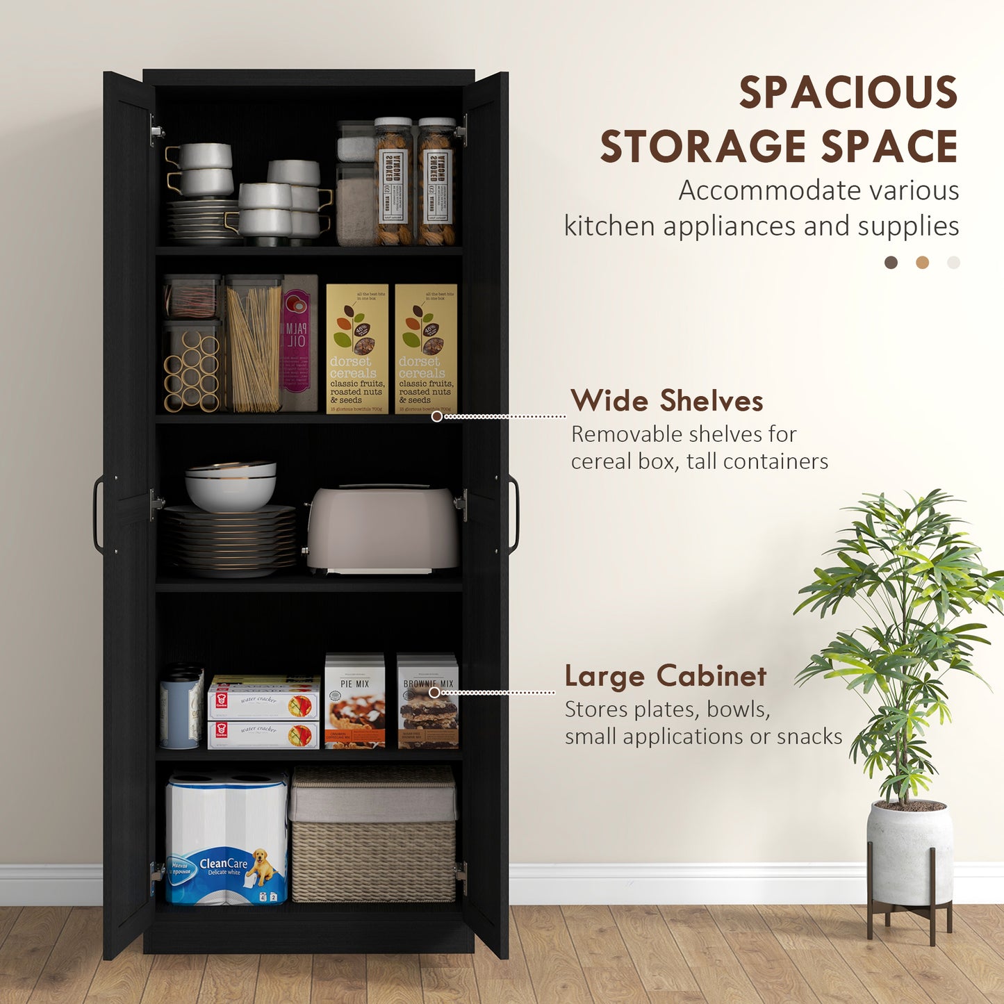 HOMCOM 63" Kitchen Storage Cabinet, 5-tier Pantry Cabinet with Doors and Adjustable Shelves for Dining Room, Distressed White