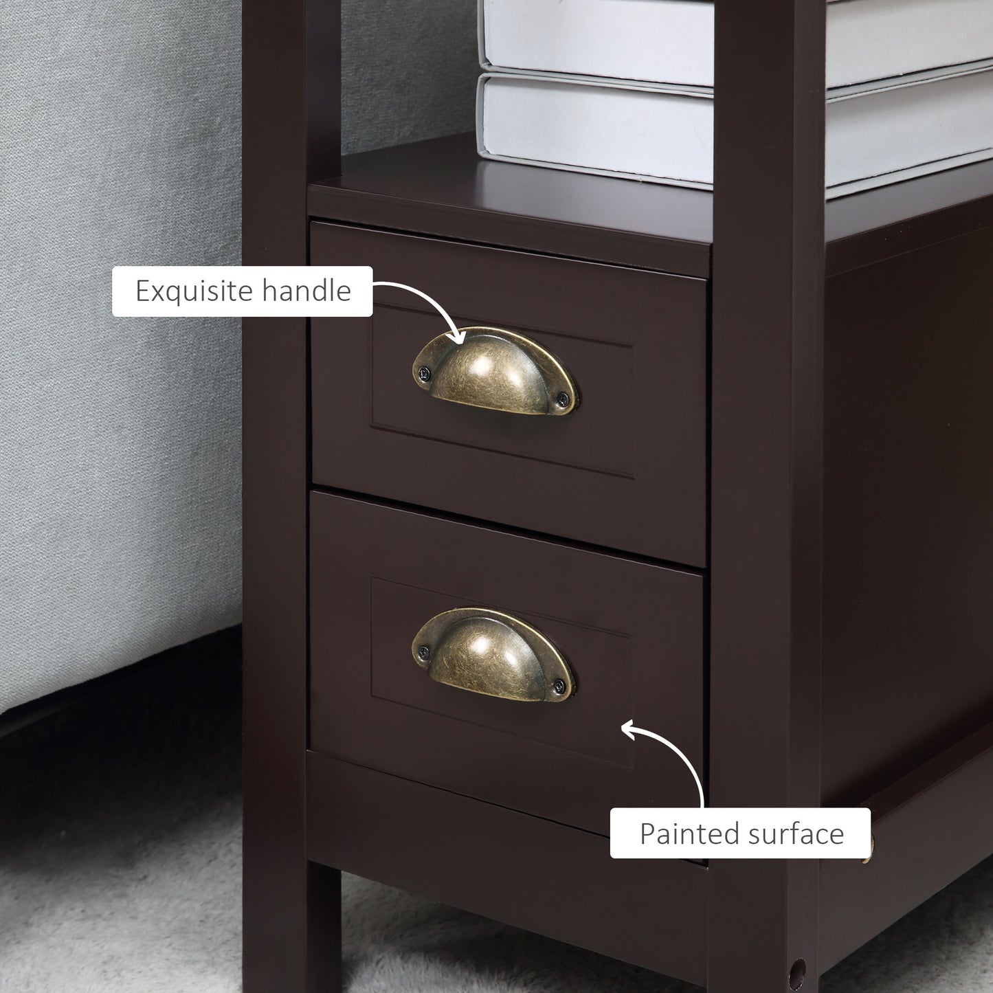 HOMCOM Slim End Table with 2 Drawers and Storage Shelf, Sofa Side Table for Living Room, Narrow Nightstand, White