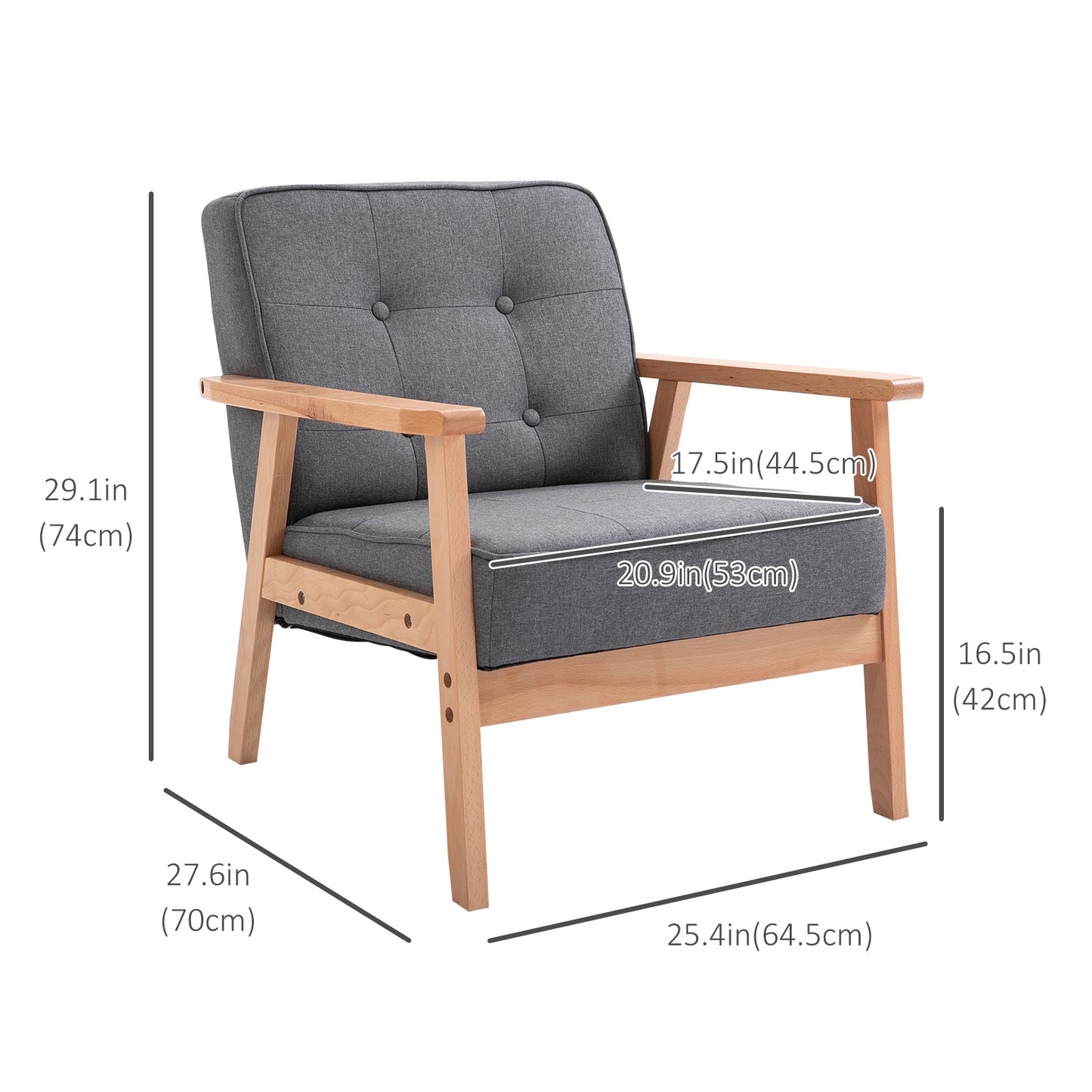 HOMCOM Mid-Century Accent Chair Modern Fabric Upholstered Tufted Back Lounge Sofa Seat - Grey