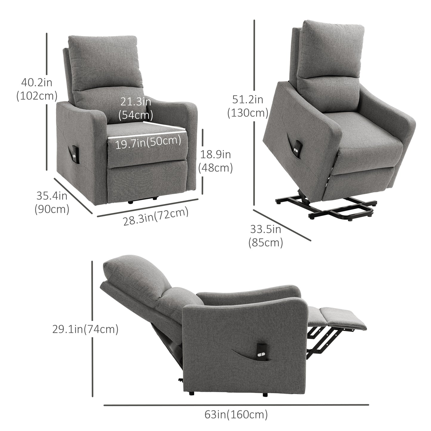 HOMCOM Power Lift Chair Electric Recliner Sofa for Elderly with Remote Control & Side Pocket for Living Room, Grey