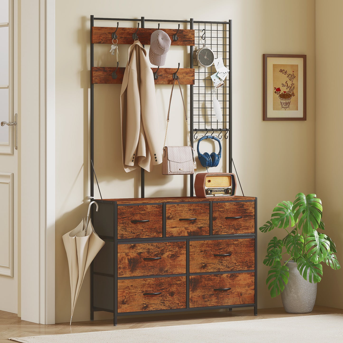 HOMCOM 4-In-1 Coat Rack with 7 Drawer Fabric Dresser, Hall Tree with 14 Hooks for Hallway, Entryway, Bedroom, Rustic Brown