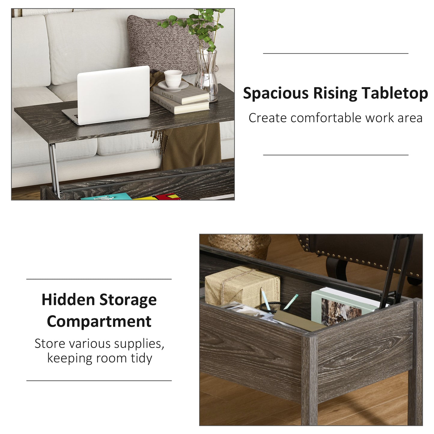 HOMCOM 39" Modern Lift Top Coffee Table with Hidden Storage Compartment, Center Table for Living Room, Grey