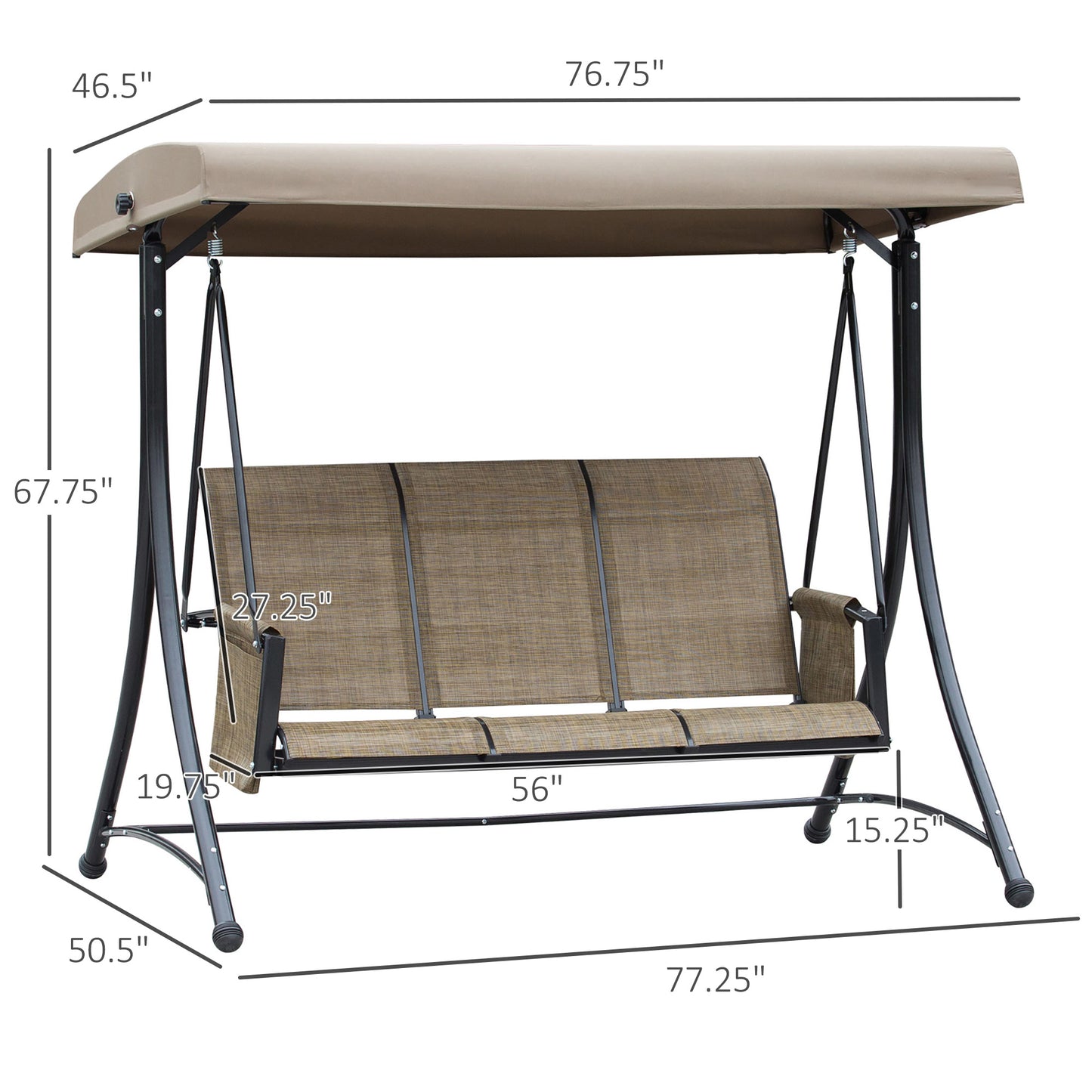 Outsunny 3 Person Porch Swing Outdoor Swing Chair with High Back Design, Side Pouches and Adjustable Canopy, Dark Grey