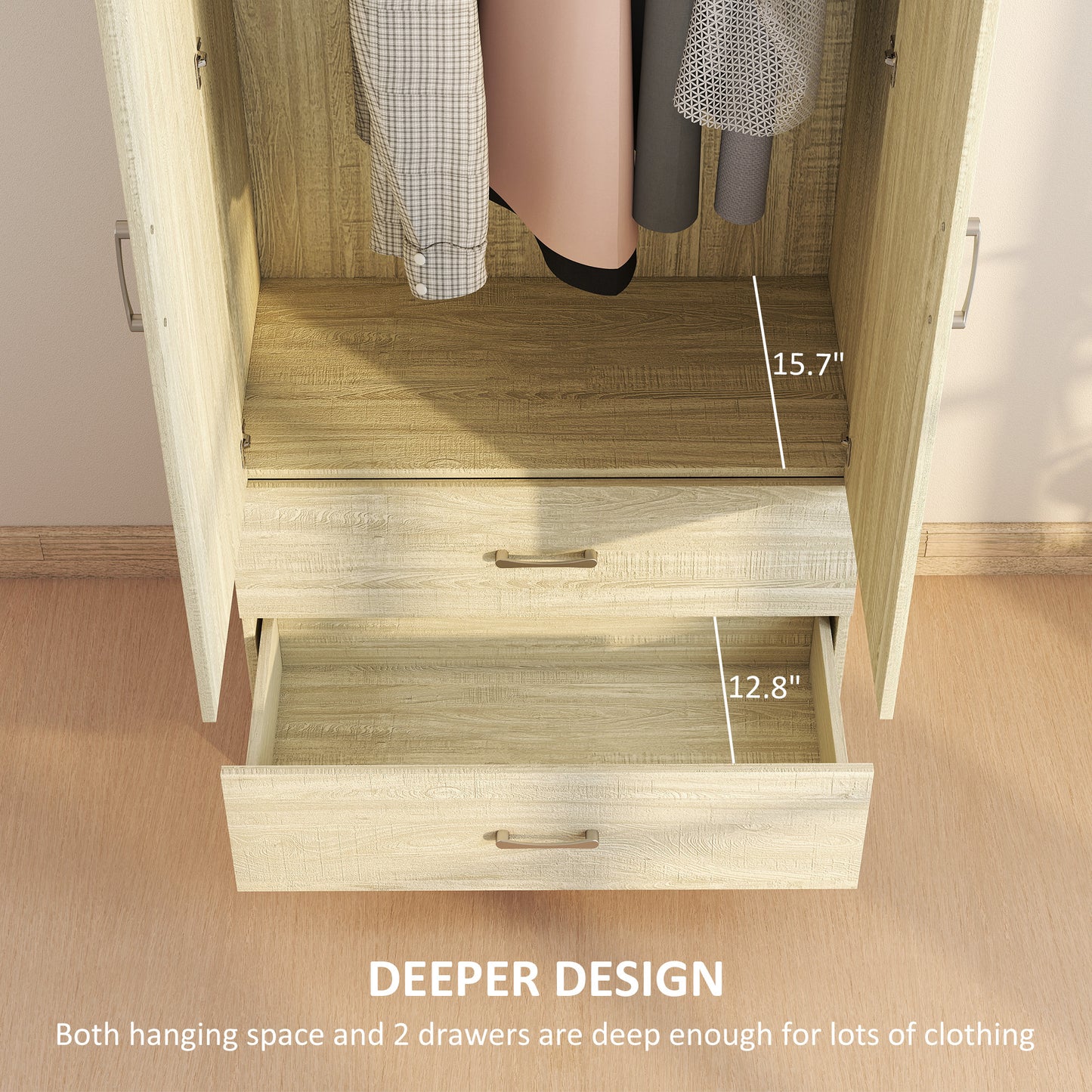 HOMCOM Wardrobe Closet Armoire with Hanging Rod and 2 Doors, Clothes Storage Organizer with 2 Drawers for Bedroom, Oak