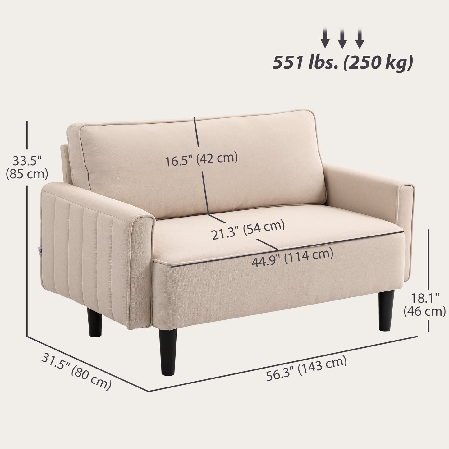 HOMCOM Loveseat Sofa, Linen 2 Seater Sofa Couch with Thick Padded Seat & Backrest for Living Room, Home Office, Dark Grey