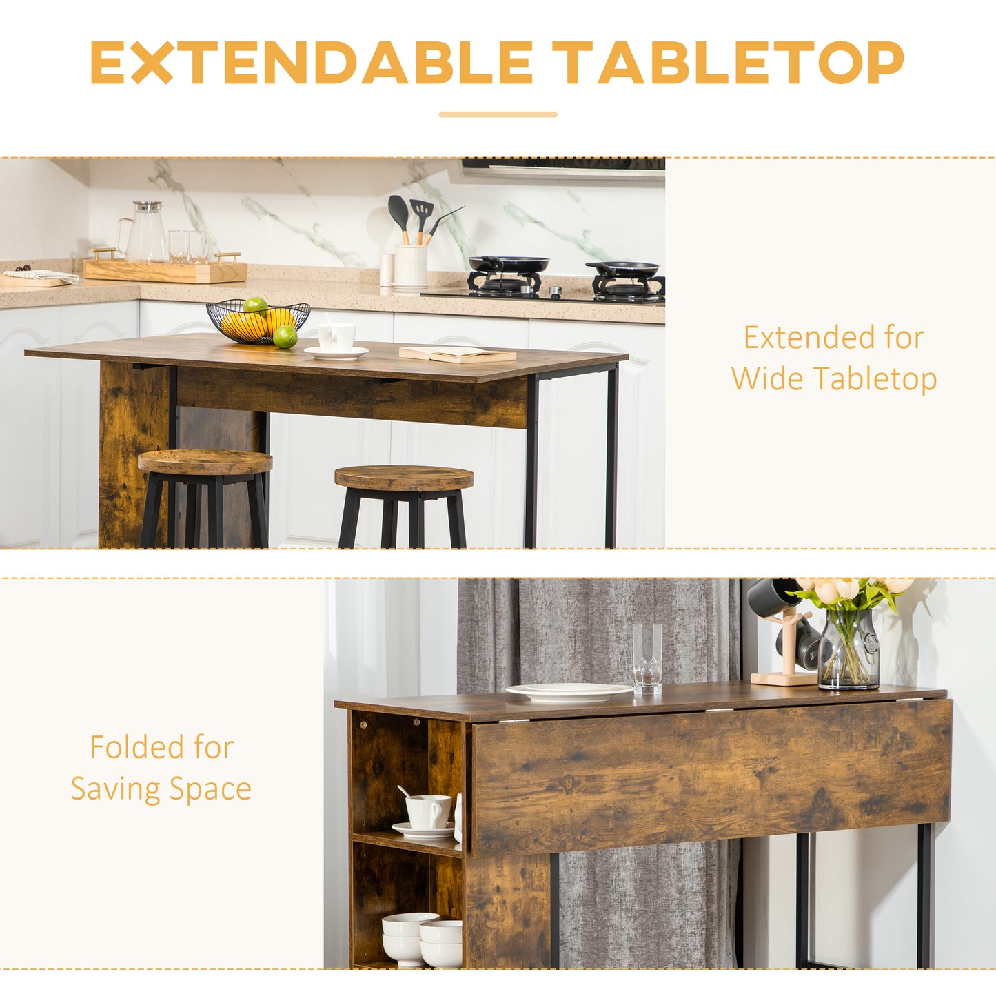 HOMCOM Counter Height Table with Drop Leaf, Extendable Bar Table with Adjustable Storage Shelf, Rustic Brown