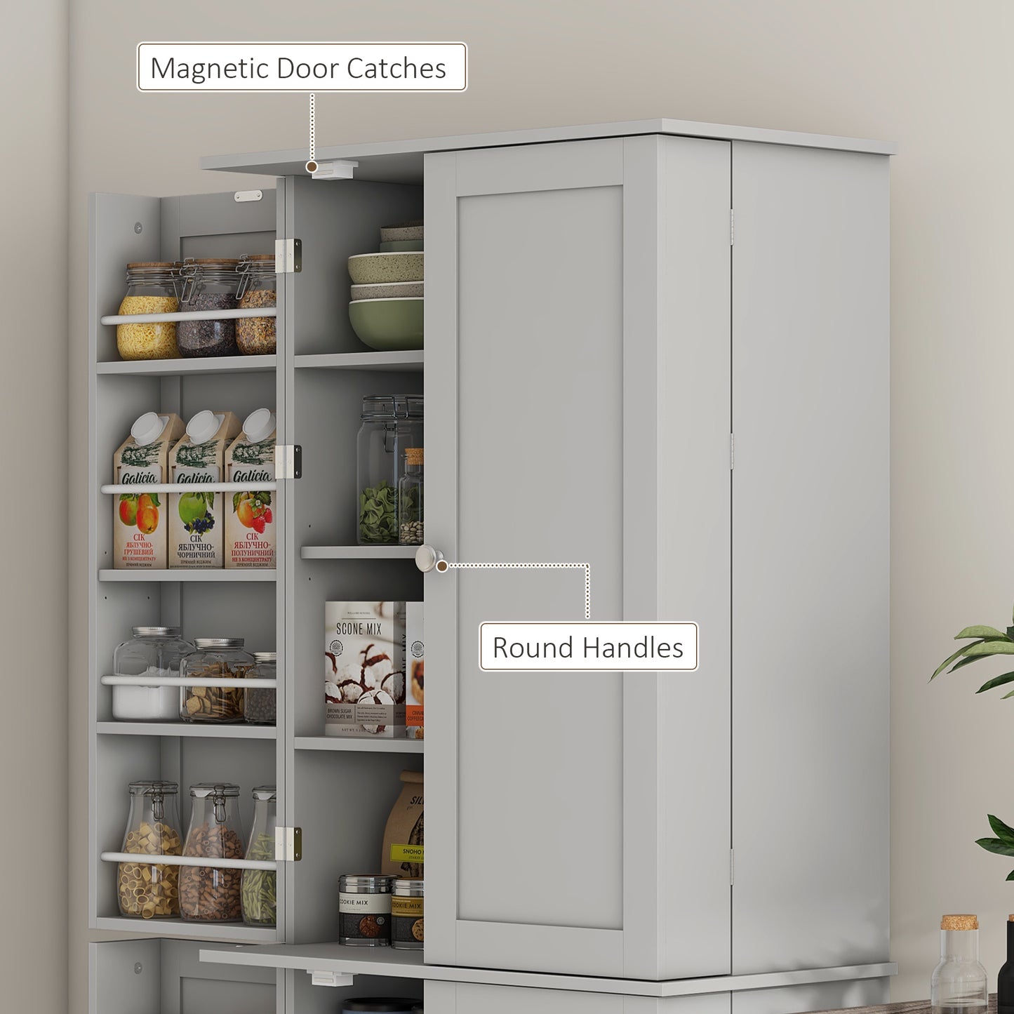 HOMCOM 65" Kitchen Cabinet, Kitchen Pantry Cabinet with 4 Doors and 16 Door Shelves for Dining Room, Grey