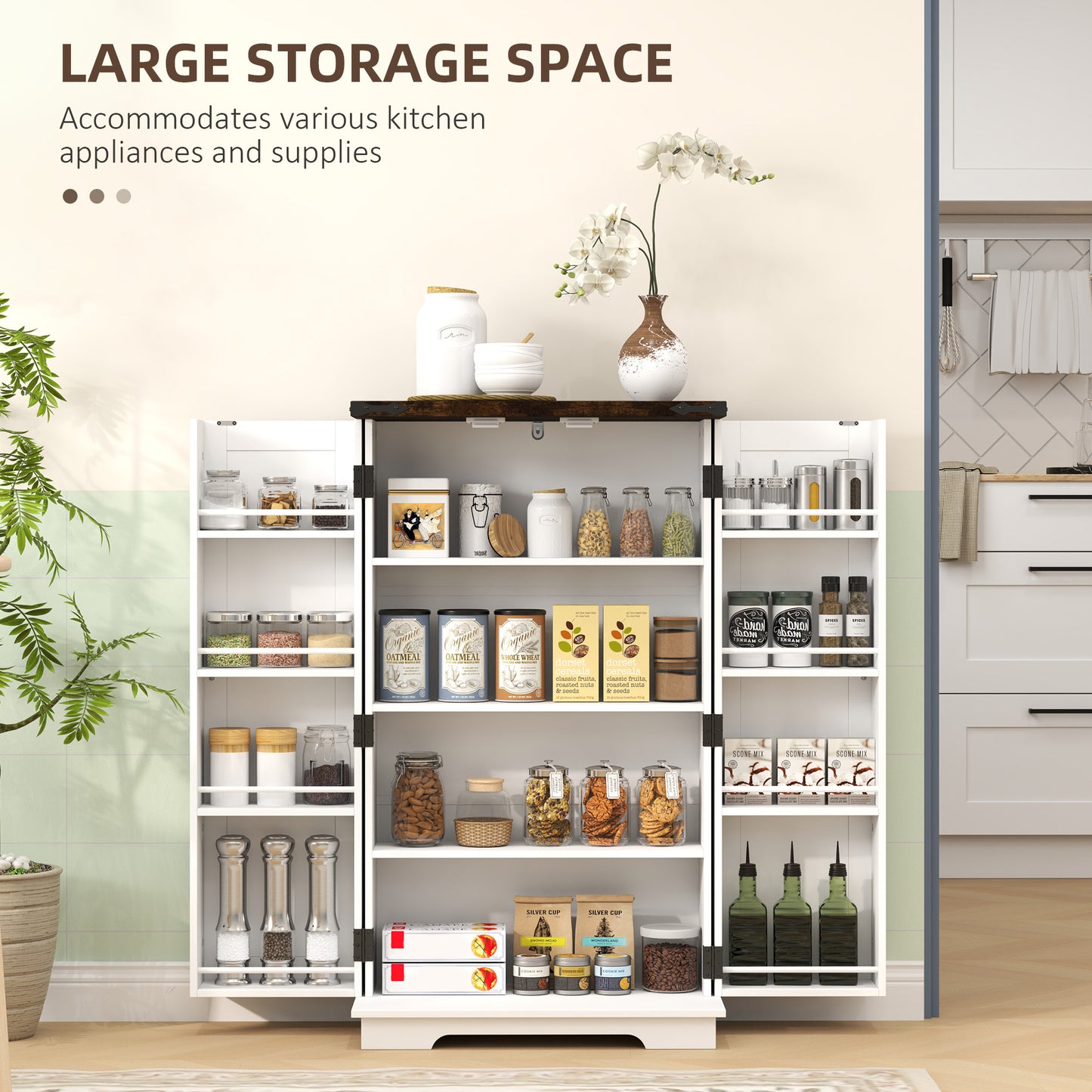 HOMCOM Farmhouse Kitchen Pantry Storage Cabinet, Kitchen Pantry Cabinet with Doors and Adjustable Shelves, White
