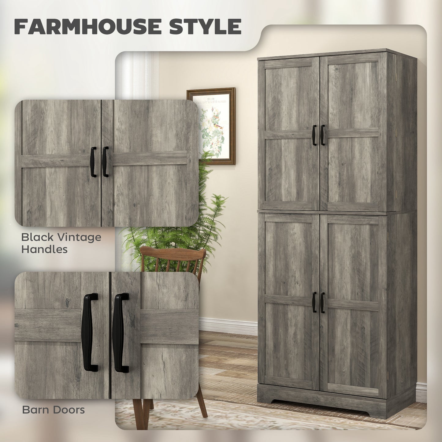 HOMCOM Farmhouse Kitchen Pantry Cabinet, Kitchen Cabinet with Barn Doors, Adjustable Shelves and Door Racks, Distressed Grey