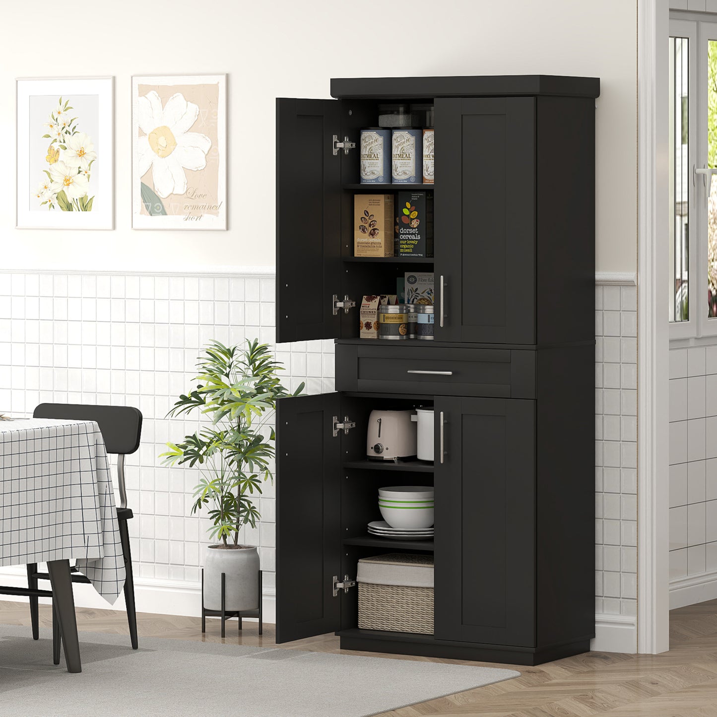 HOMCOM 72" Storage Cabinet, Freestanding Kitchen Pantry Cabinet with 4 Doors, Drawer and 3 Adjustable Shelves, White