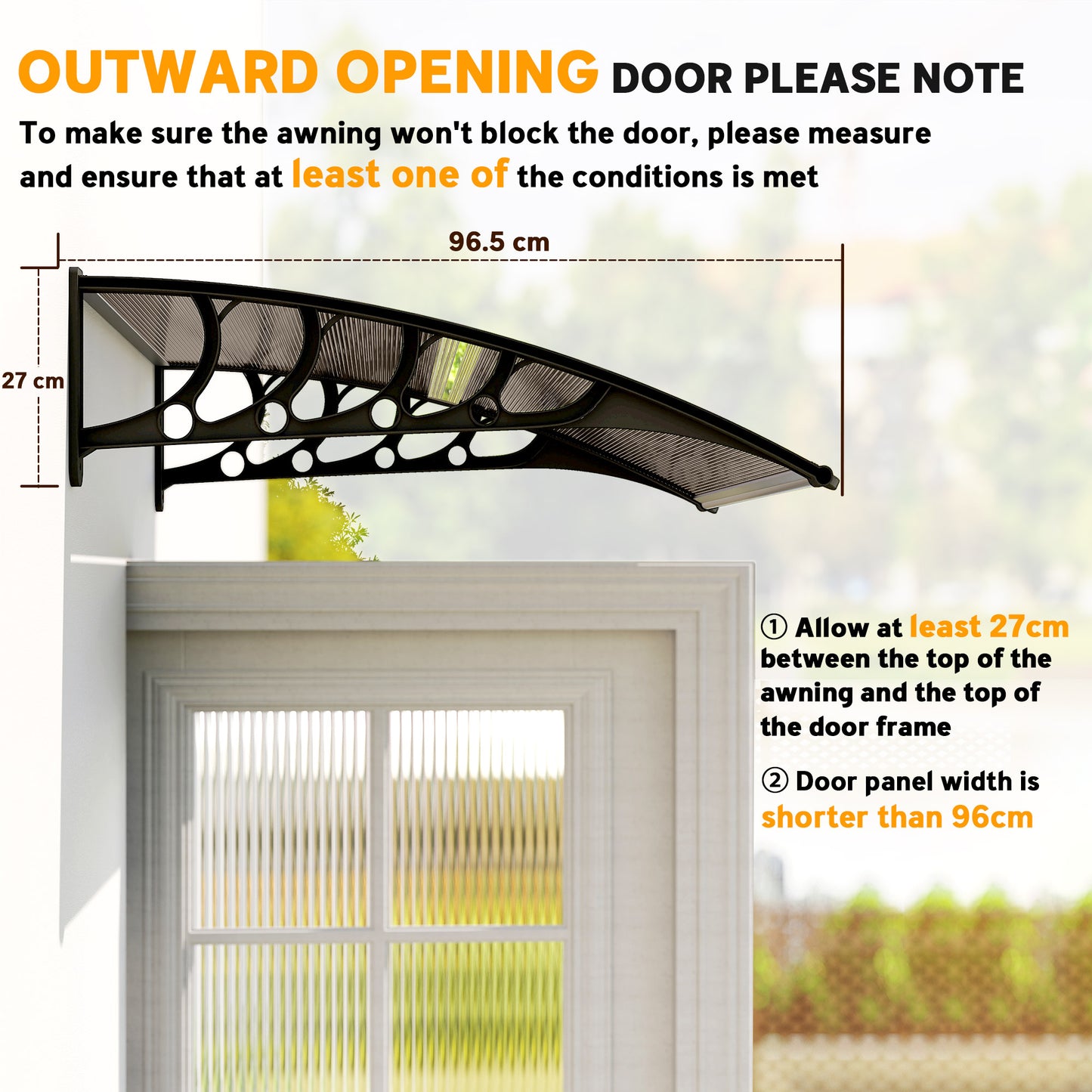 Outsunny Window Awning Door Canopy, Polycarbonate Front Door Outdoor Patio Cover, Sun Shelter, Hollow Sheet for UV, Rain, Snow and Sunlight Protection, Brown, 40" x 80"