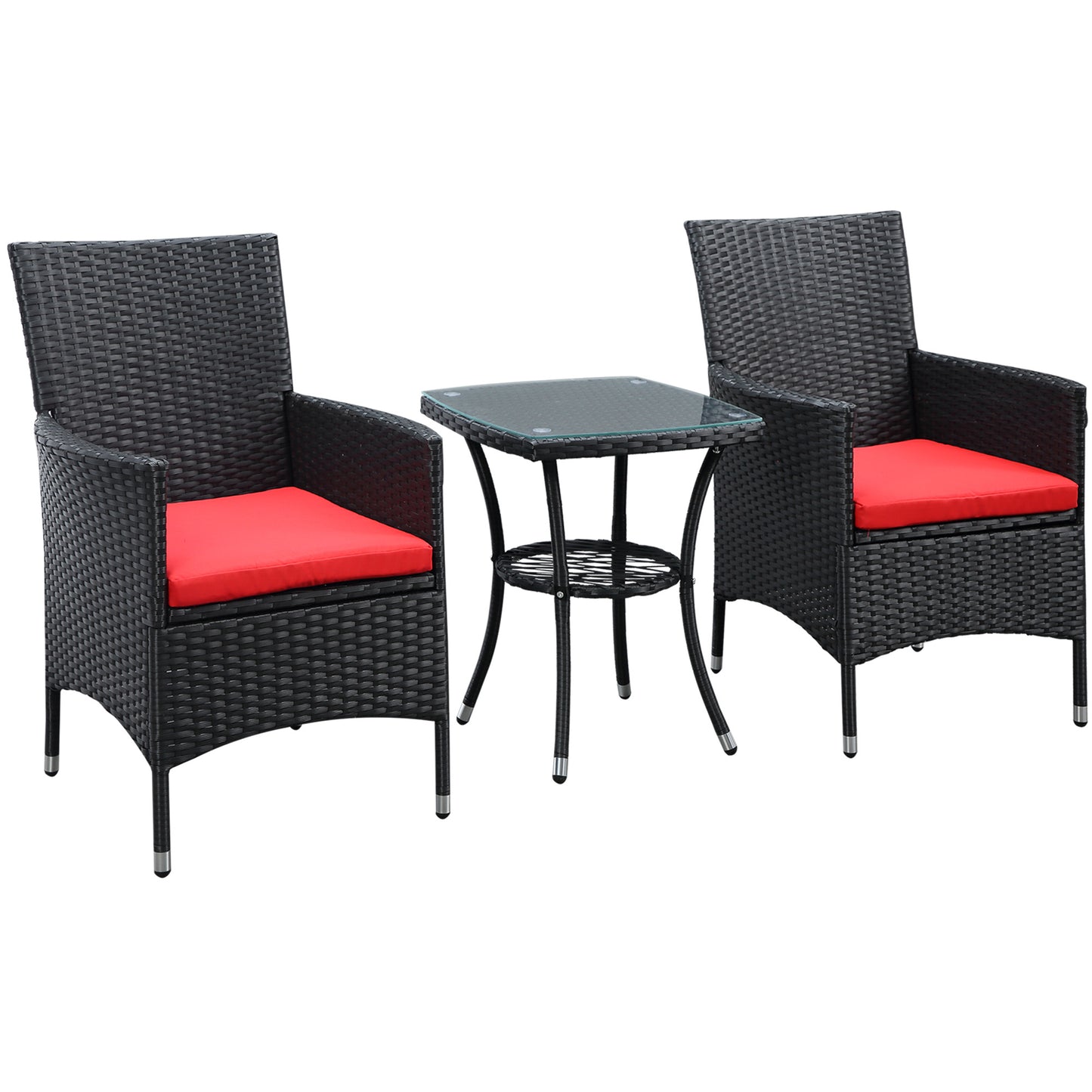 Outsunny 3 Pieces Wicker Patio Furniture Set, Rattan Bistro Set with Glass Top Coffee Table and Cushions, Outdoor Conversation Set for Garden, Porch, Balcony, Grey
