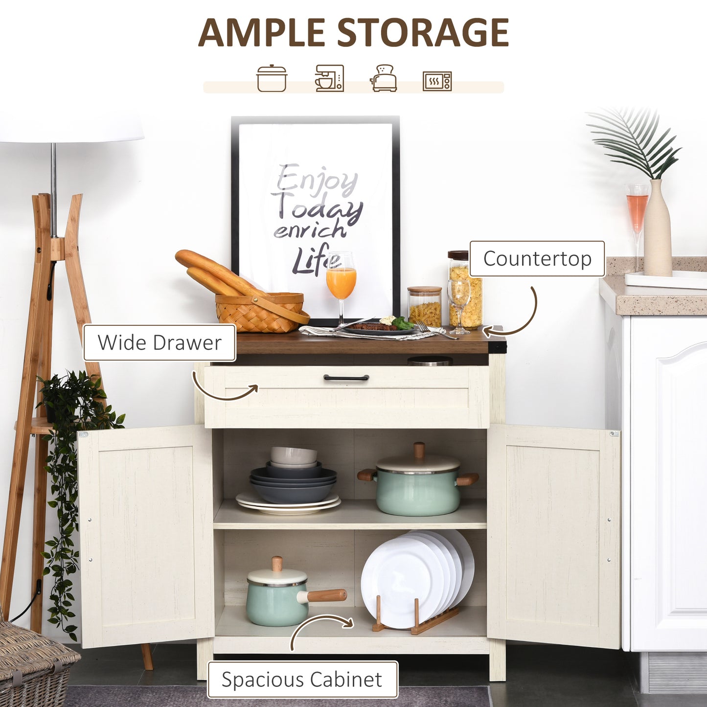 HOMCOM Farmhouse Kitchen Storage Cabinet, Sideboard Buffet Cabinet with 2 Rustic Barn Doors and Drawer, Oak