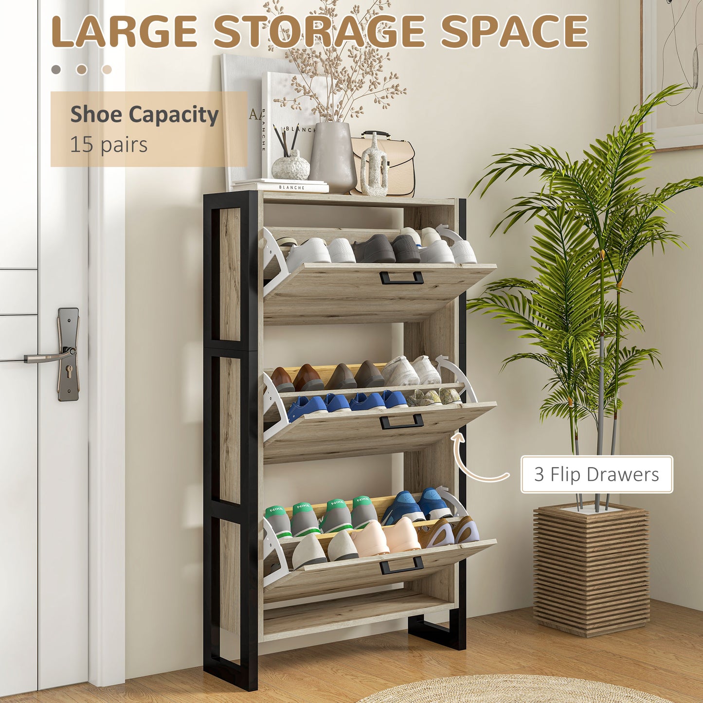 HOMCOM Shoe Cabinet with 3 Flip Drawer, Narrow Slim Shoe Storage Cabinet for 15 Pairs, Walnut