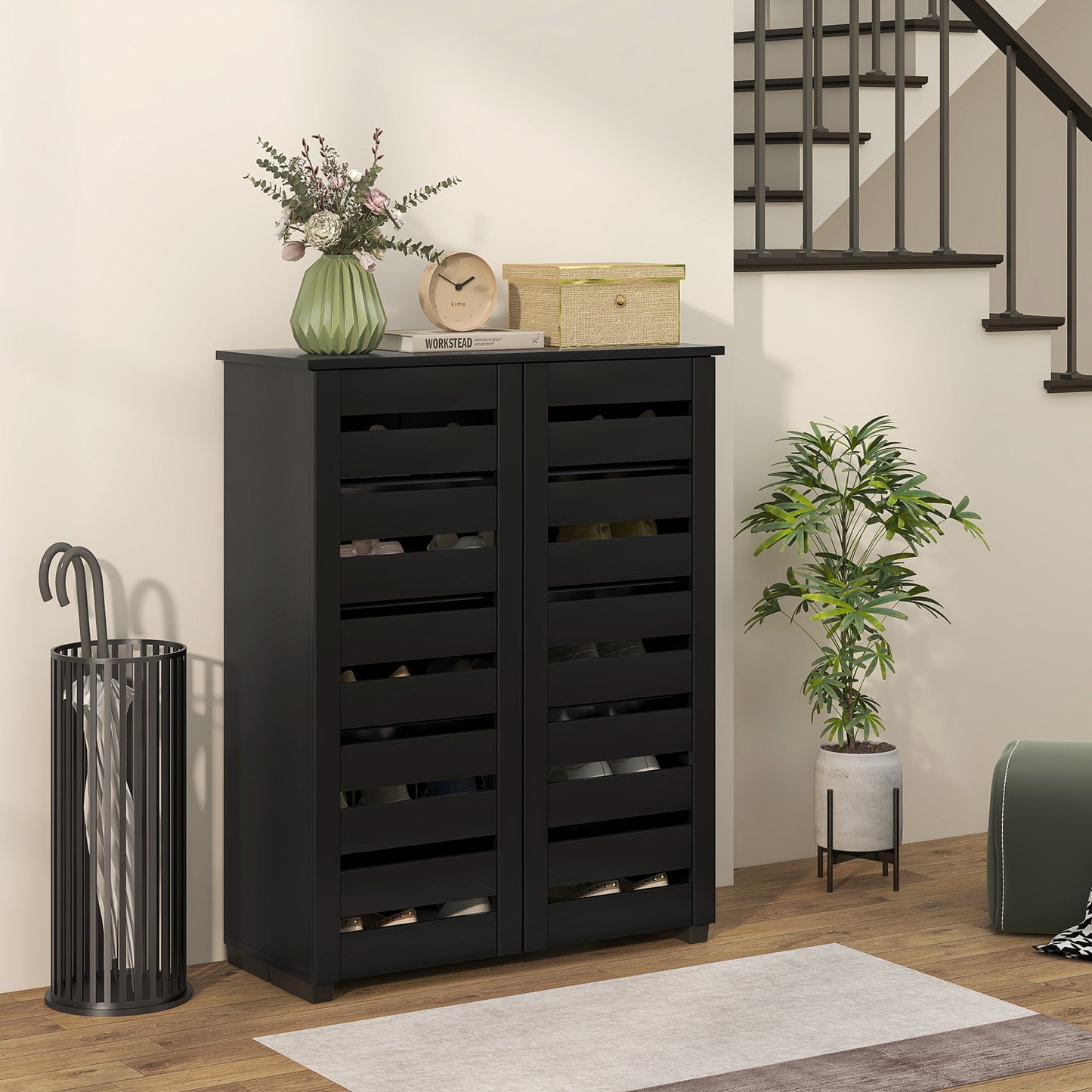 HOMCOM Shoe Storage Cabinet, Shoe Cabinet with 2 Slatted Doors for 15 Pairs of Shoes, Black