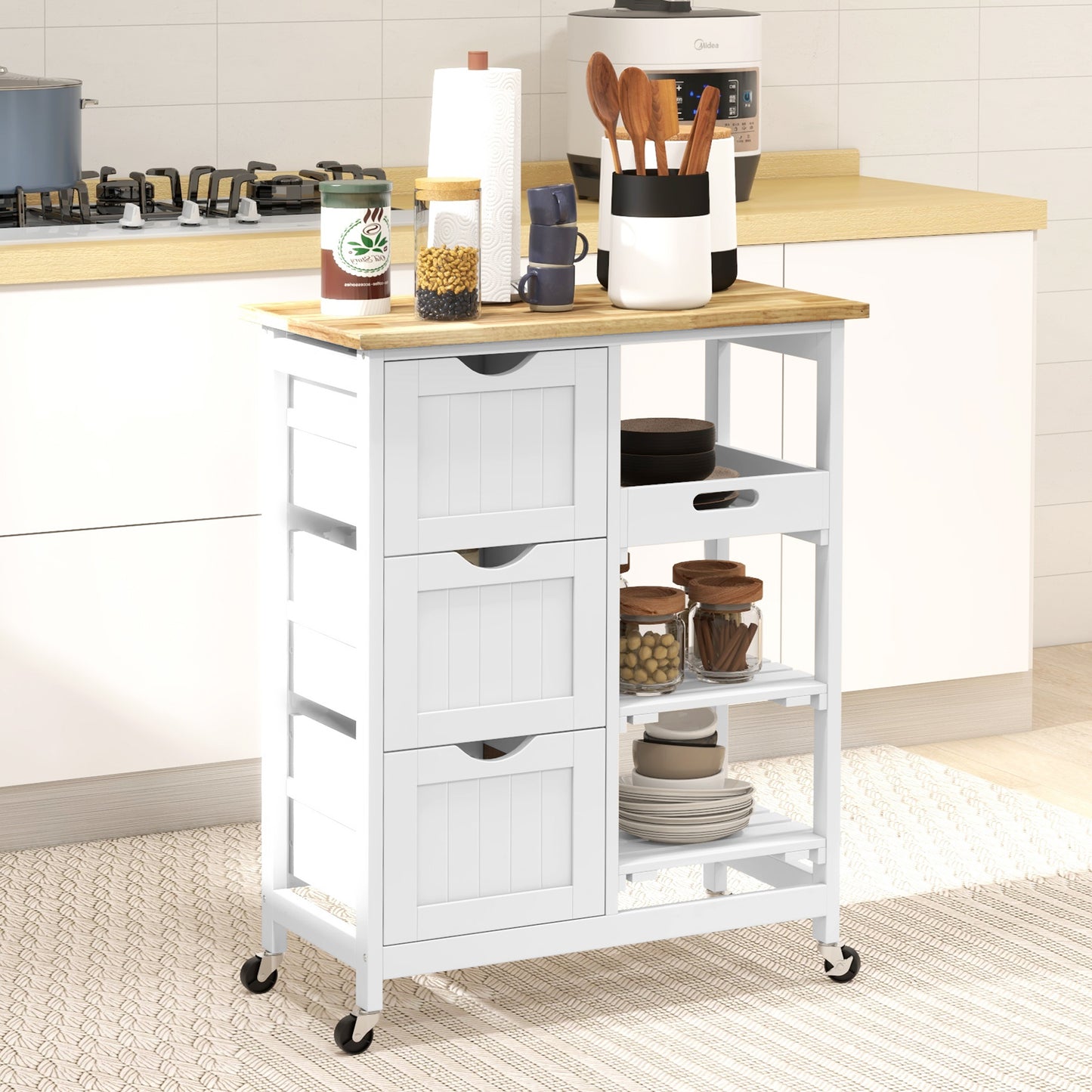 HOMCOM Kitchen Cart on Wheels, Rolling Kitchen Island Cart with Wood Top, 3 Drawers and Shelves for Home Dining Area