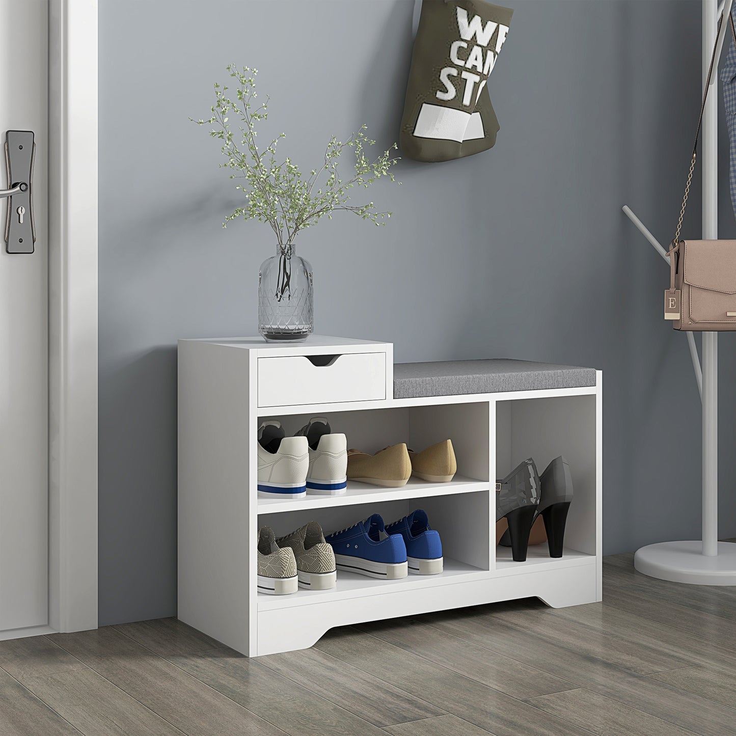 HOMCOM Upholstered Shoe Storage Bench, Hallway Shoe Storage with Seat, Drawer, 3 Open Shelves for Entryway, White