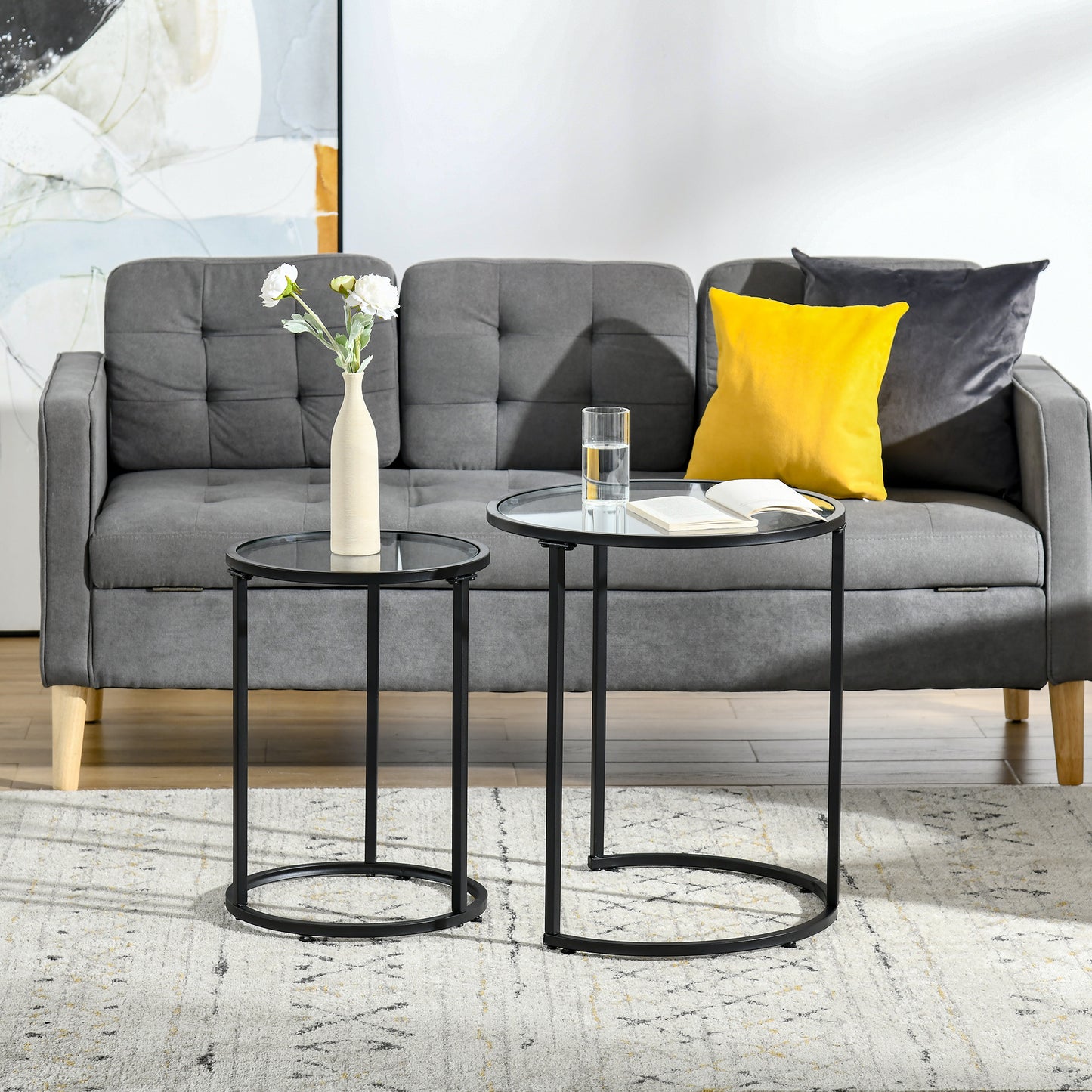 HOMCOM Set of 2 Nesting Coffee Tables with Metal Base, Round Side Table with Tempered Glass Tabletop for Living Room, Bedroom, Gold