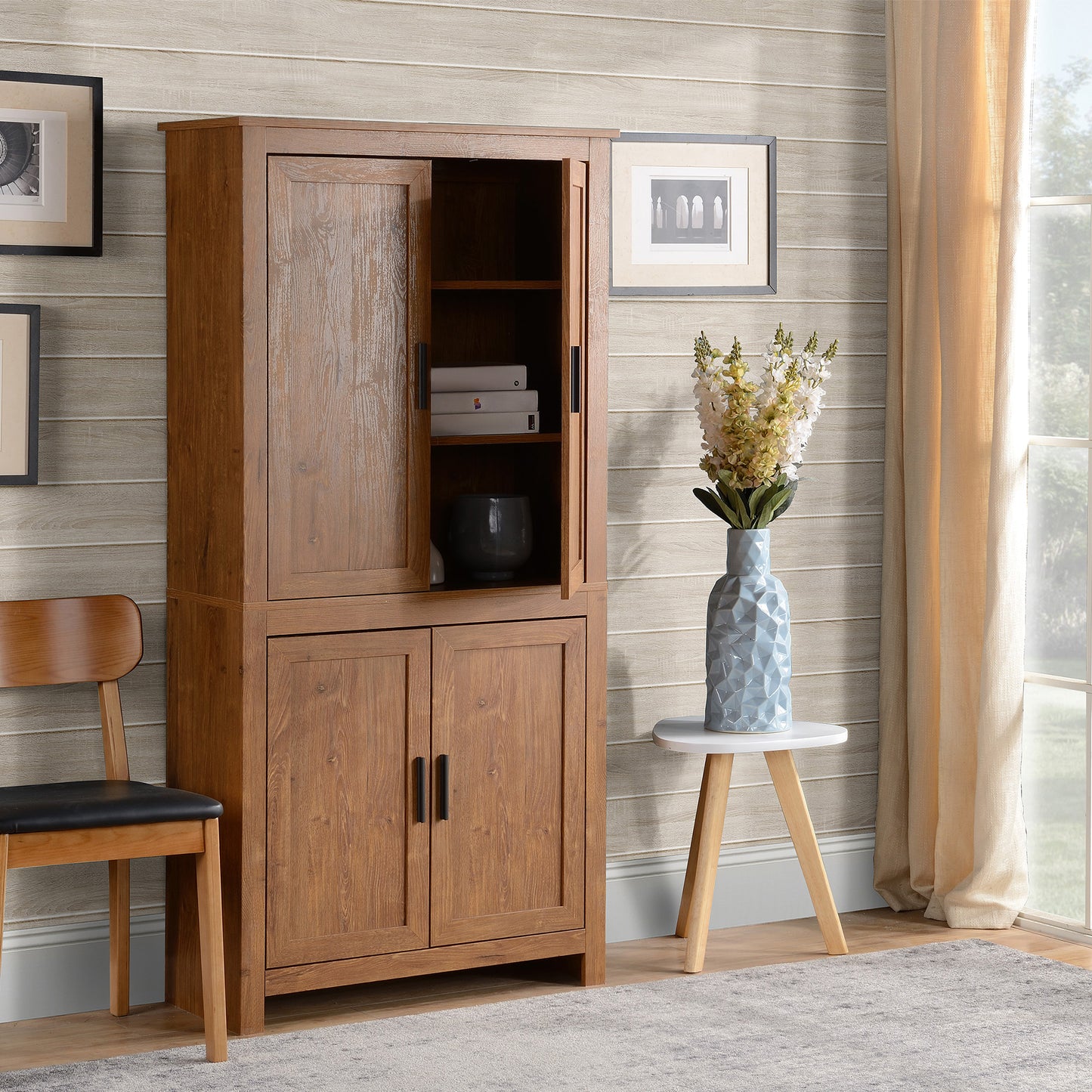 HOMCOM 64" Kitchen Pantry Cabinet, Freestanding Storage Cabinet with 4 Doors, 3 Adjustable Shelves, Oak