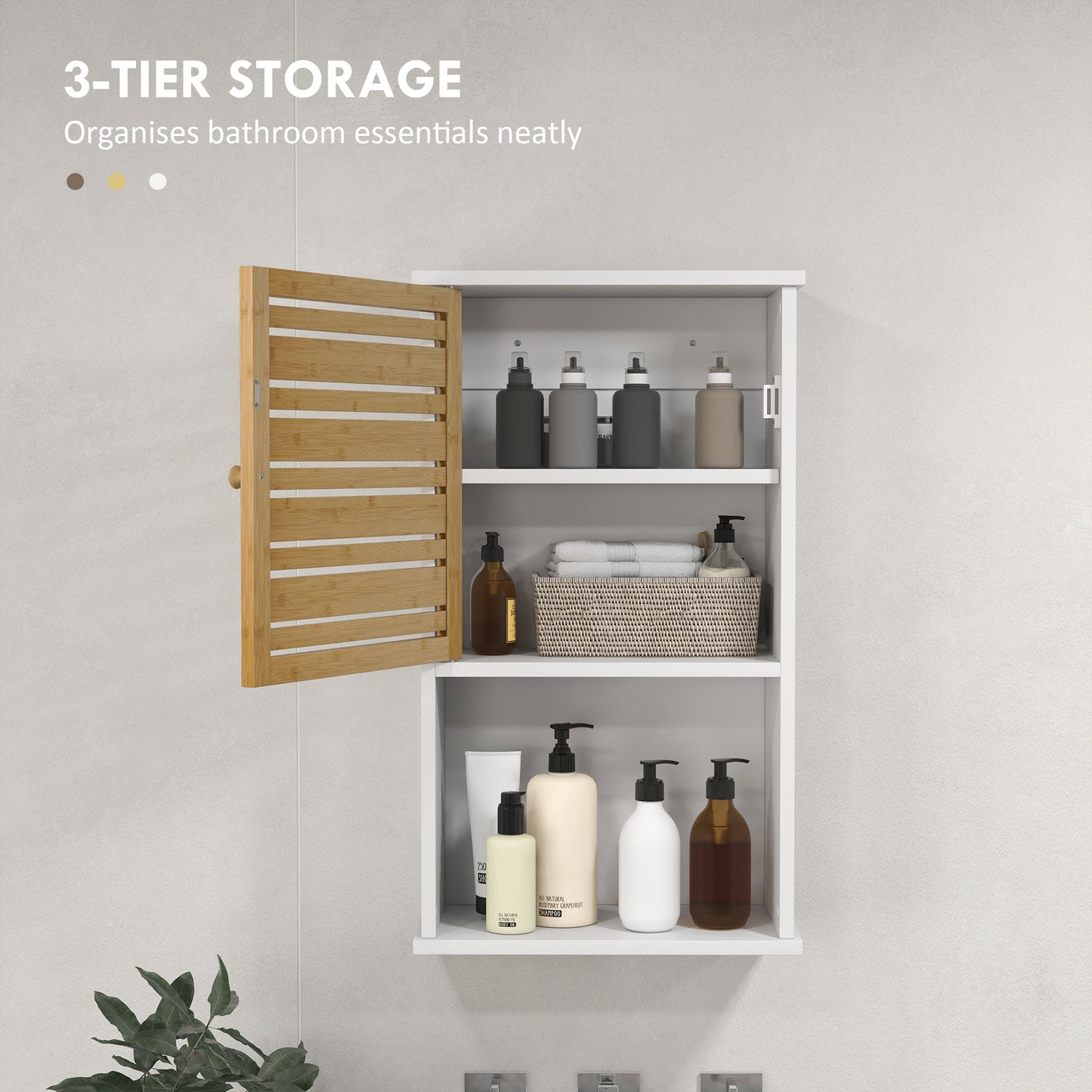 HOMCOM Wall Mounted Bathroom Cabinet with Storage, Bathroom Wall Cabinet with Bamboo Slat Door and Adjustable Shelf, White