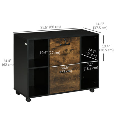 Vinsetto Lateral Filing Cabinet with Wheels and Lockable Drawer, File Cabinet, Mobile Printer Stand with Open Shelves for Letter and A4 Size Documents, Rustic Brown