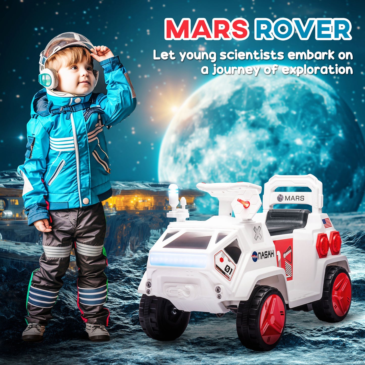 Qaba 6V Mars Rover Electric Car for Kids with Sci-Fi Sounds, Lights, MP3, for Ages 3-5, White