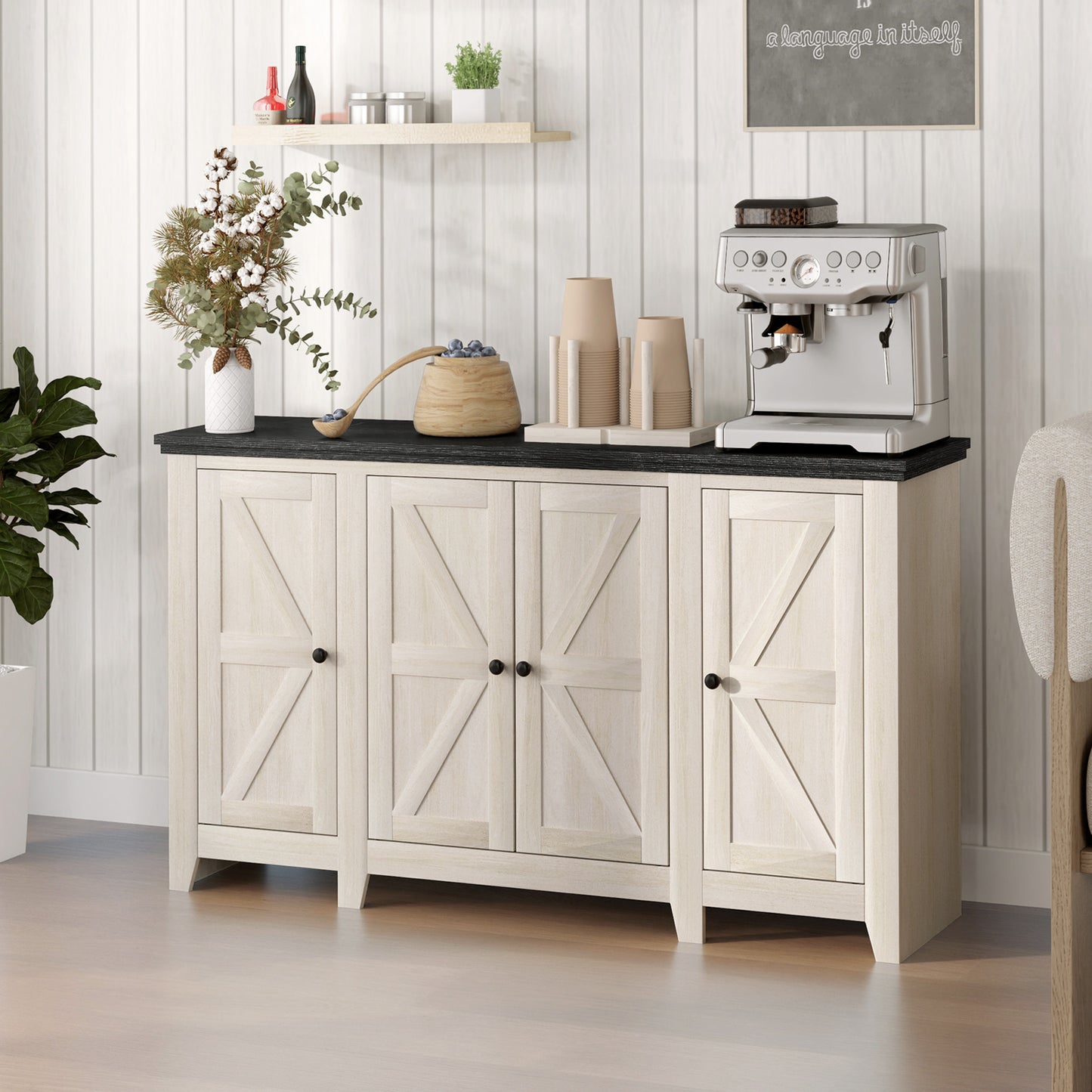 HOMCOM Rustic Sideboard, Buffet Cabinet with Adjustable Shelves for Living Room, Dining Room, Entryway, White Wood Grain