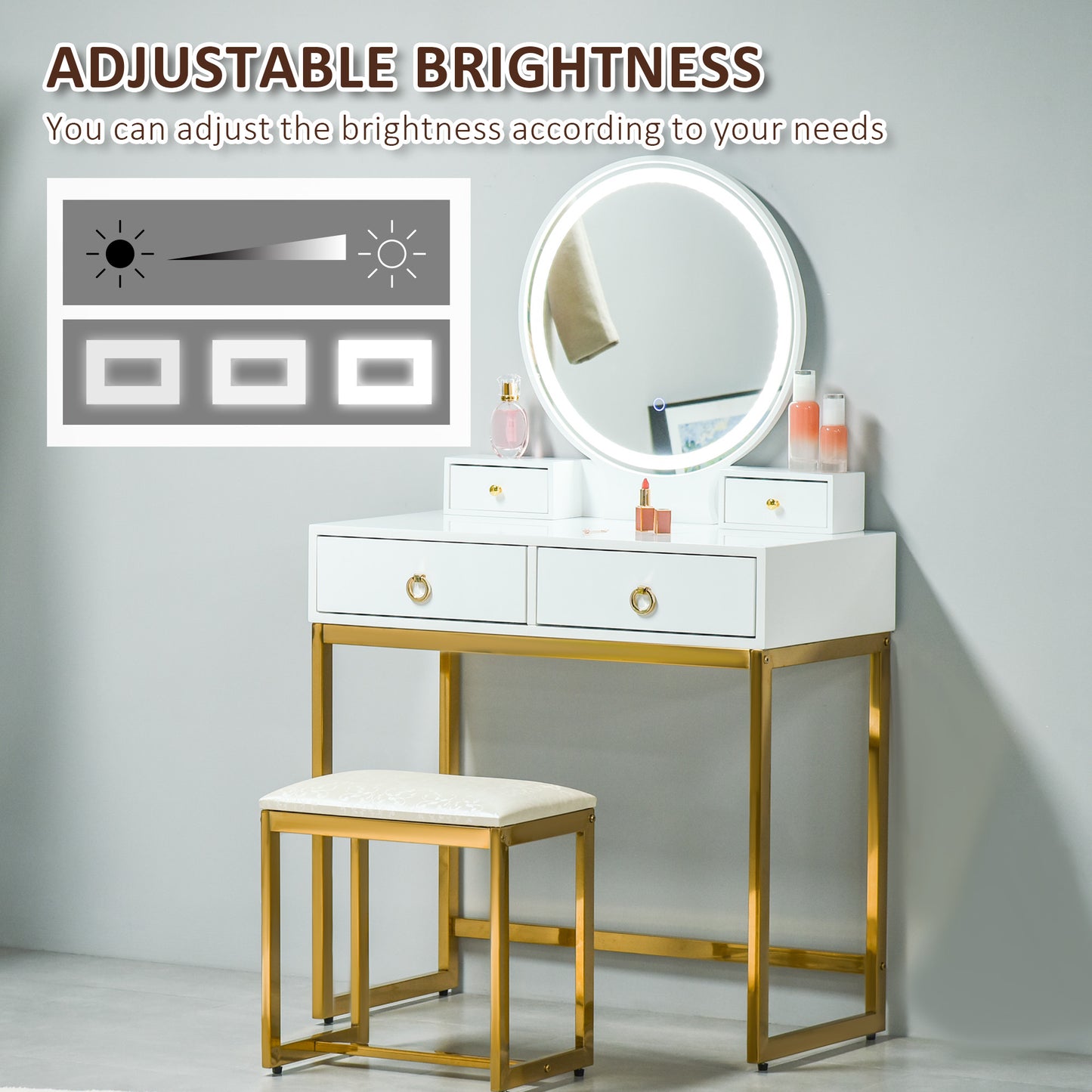 HOMCOM Makeup Vanity Table Set with 3-Color Touch Screen Dimmable Lighted Mirror, Dressing Desk with 4 Drawers and Cushioned Stool for Bedroom, White