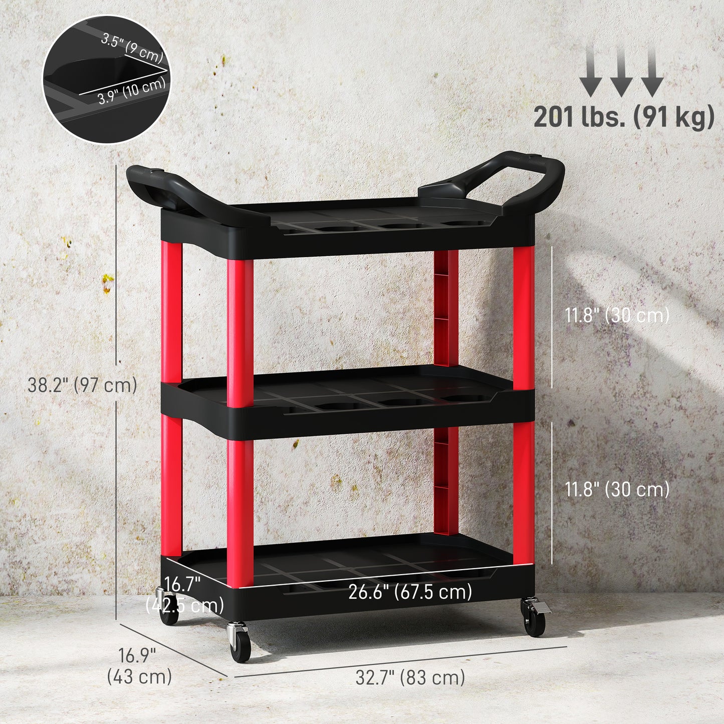HOMCOM 3-Tier Collapsible Tool Cart with Wheels, 150 LBS Capacity Folding Utility Cart with Handles for Garage Workshop, Black