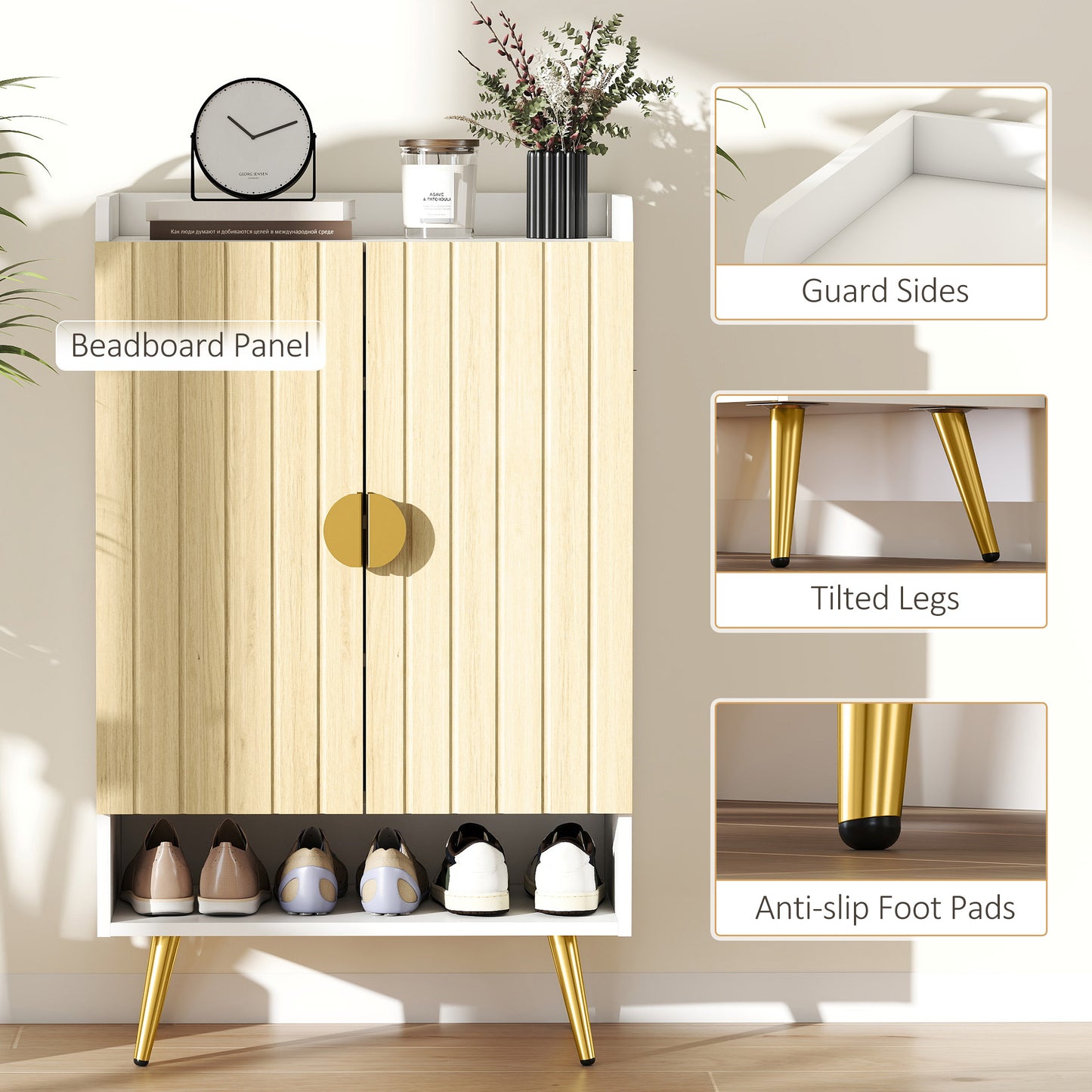 HOMCOM Entryway Shoe Storage Cabinet, Narrow Shoe Cabinet with Adjustable Shelves and Open Shelf for 15 Pairs of Shoes, Grey