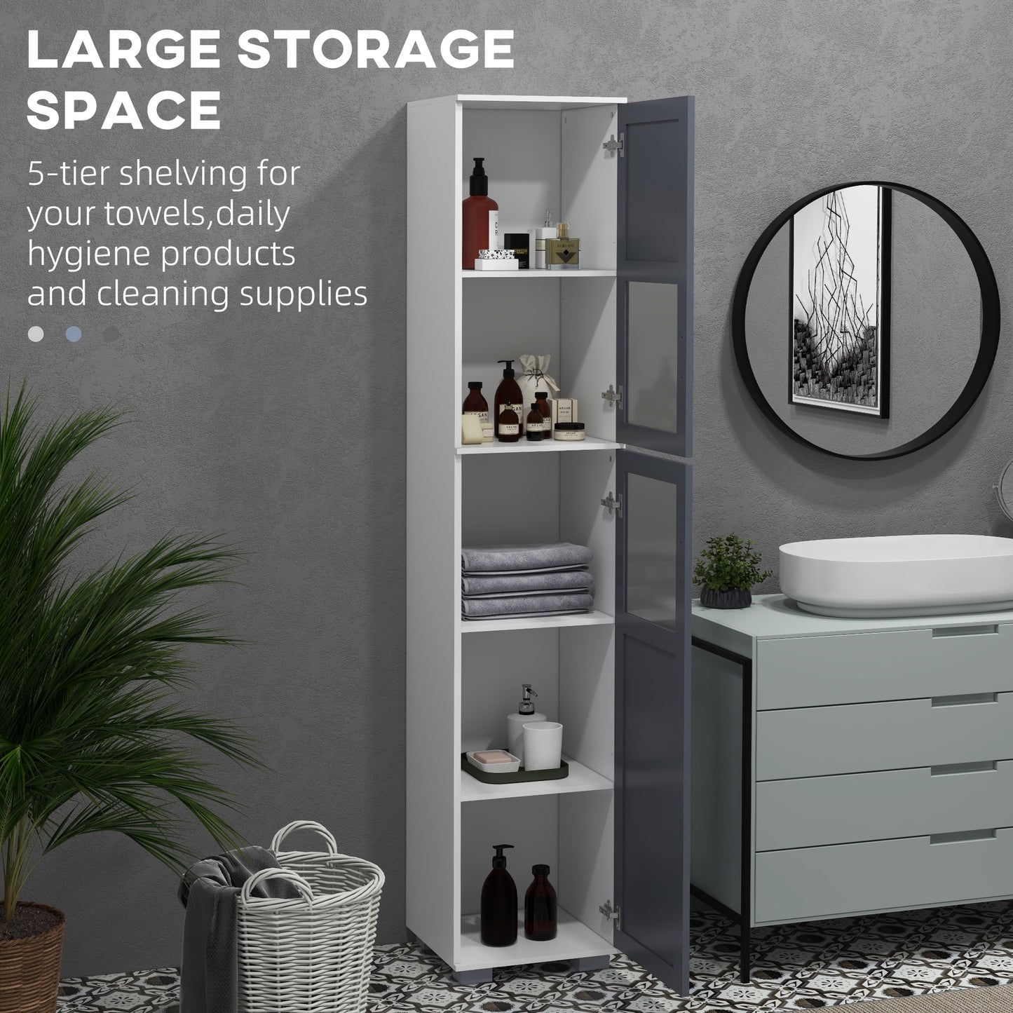 kleankin 75" Tall Bathroom Storage Cabinet, Narrow Bathroom Cabinets with Matte Glass Doors and 5-tier Shelving, White