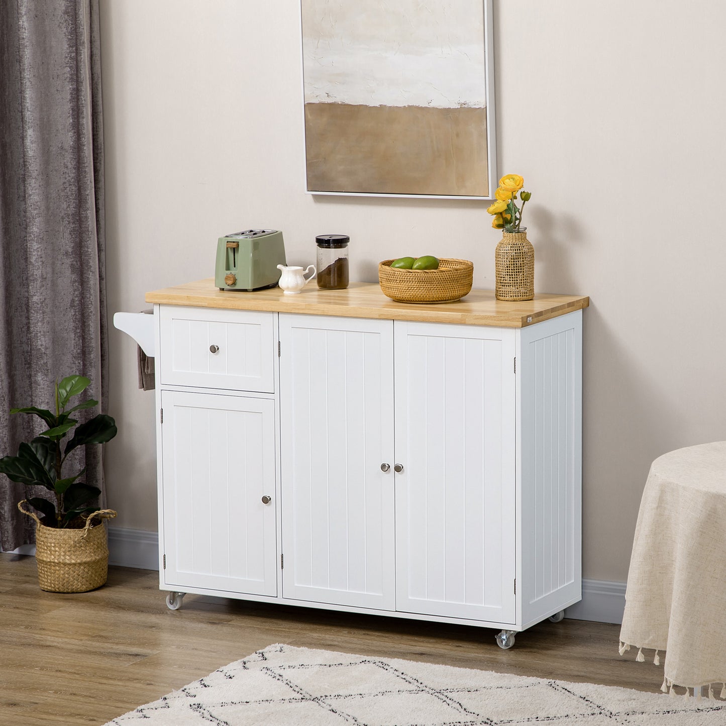 HOMCOM Rolling Kitchen Island with Storage, Utility Kitchen Island Cart with Drawer, Cabinets, Towel Rack and Rubber Wood Top