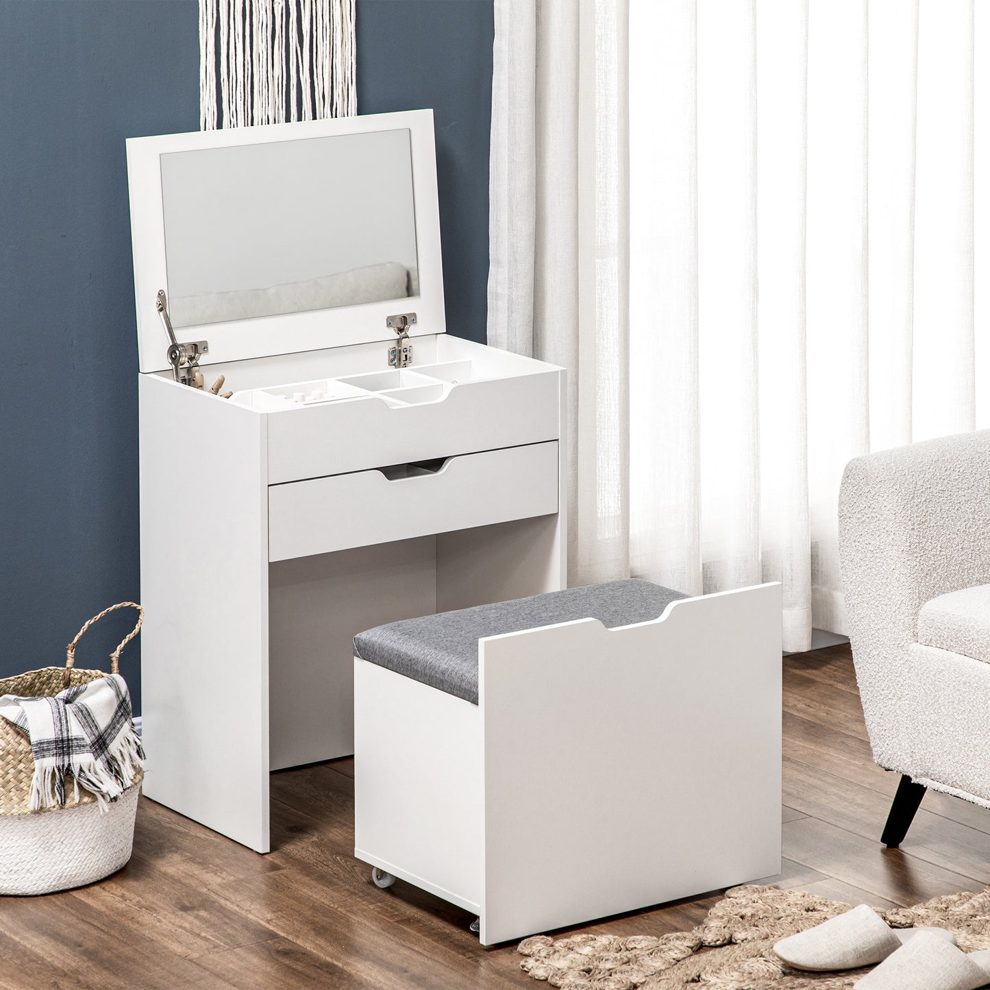 HOMCOM Vanity Set with Flip Top Mirror, Makeup Vanity Desk with Stool, Dressing Table with Drawer and 7 Compartments, White