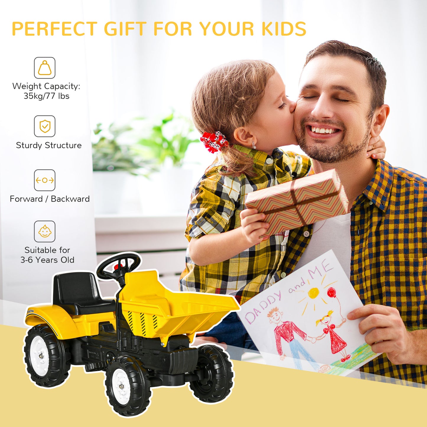 Aosom Ride on Toy Dump Truck for Kids, Pedal Construction Car with Detachable Trailer for 3 Year Old, Yellow