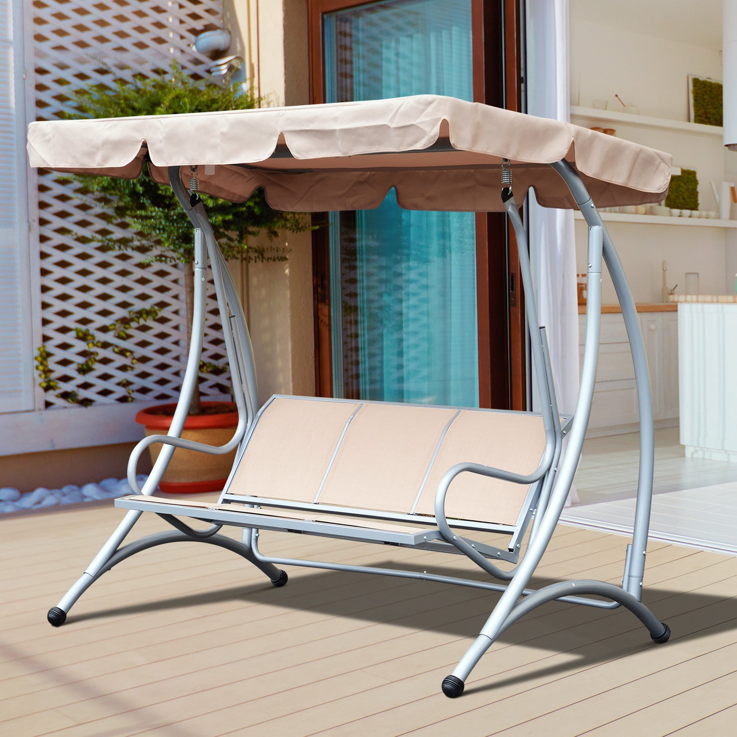 Outsunny 3 Seat Metal Swing Chair Hammock w/ Canopy Cover Heavy Duty Patio Garden Outdoor Beige
