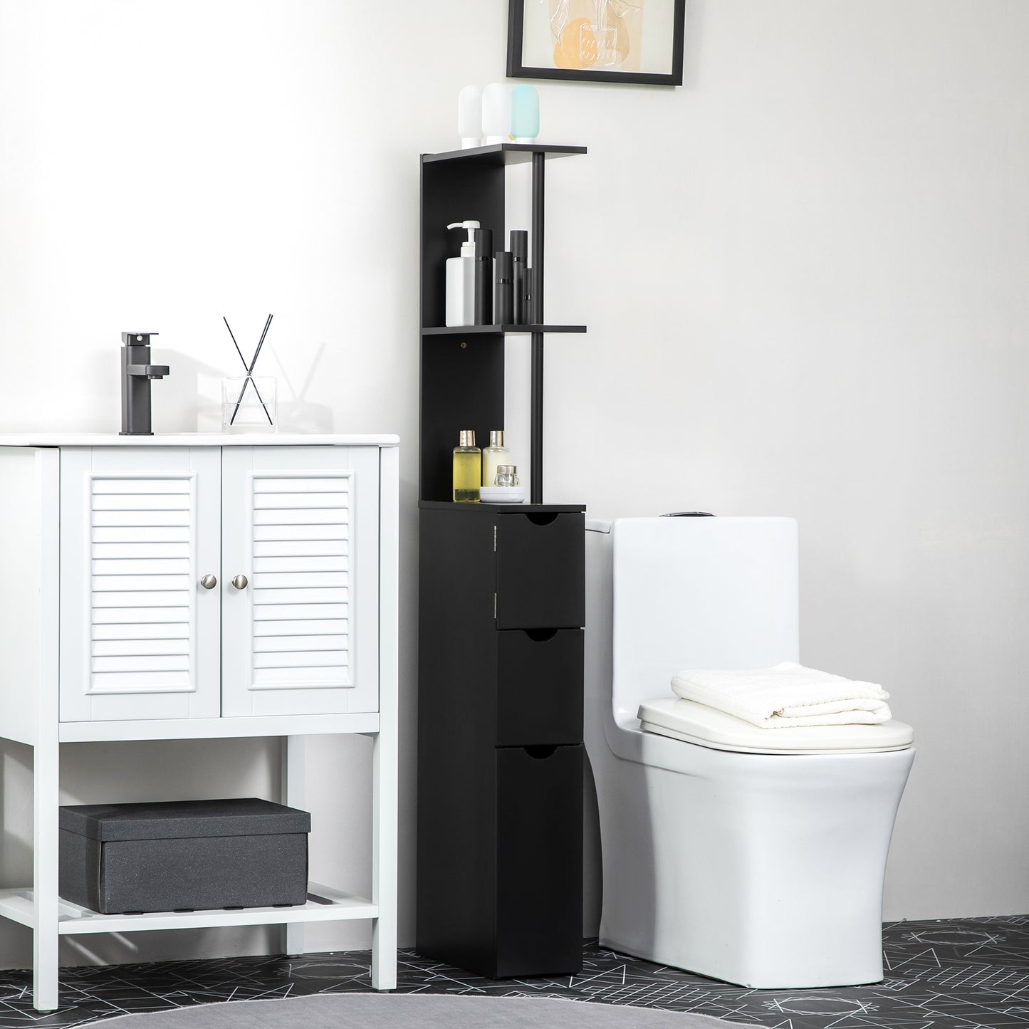 HOMCOM Tall Bathroom Storage Cabinet, Narrow Bathroom Cabinet with Drawers and Open Shelves for Small Spaces, White and Grey